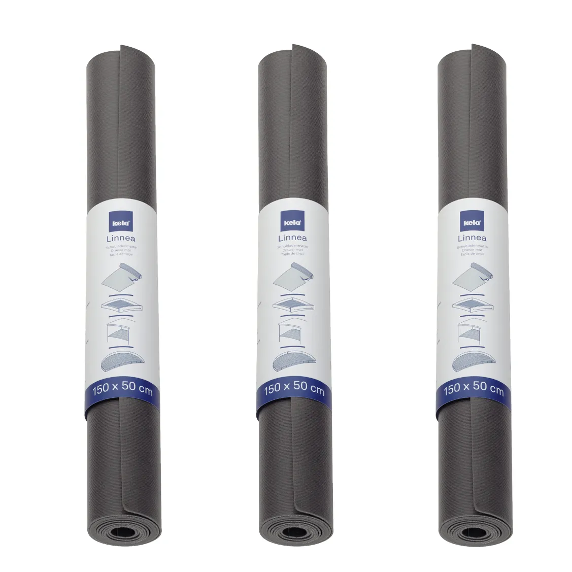 Drei graue Kela Linnea Schubladenmatten in Rollenform, 150 x 50 cm, mit Produktverpackung und Grafik