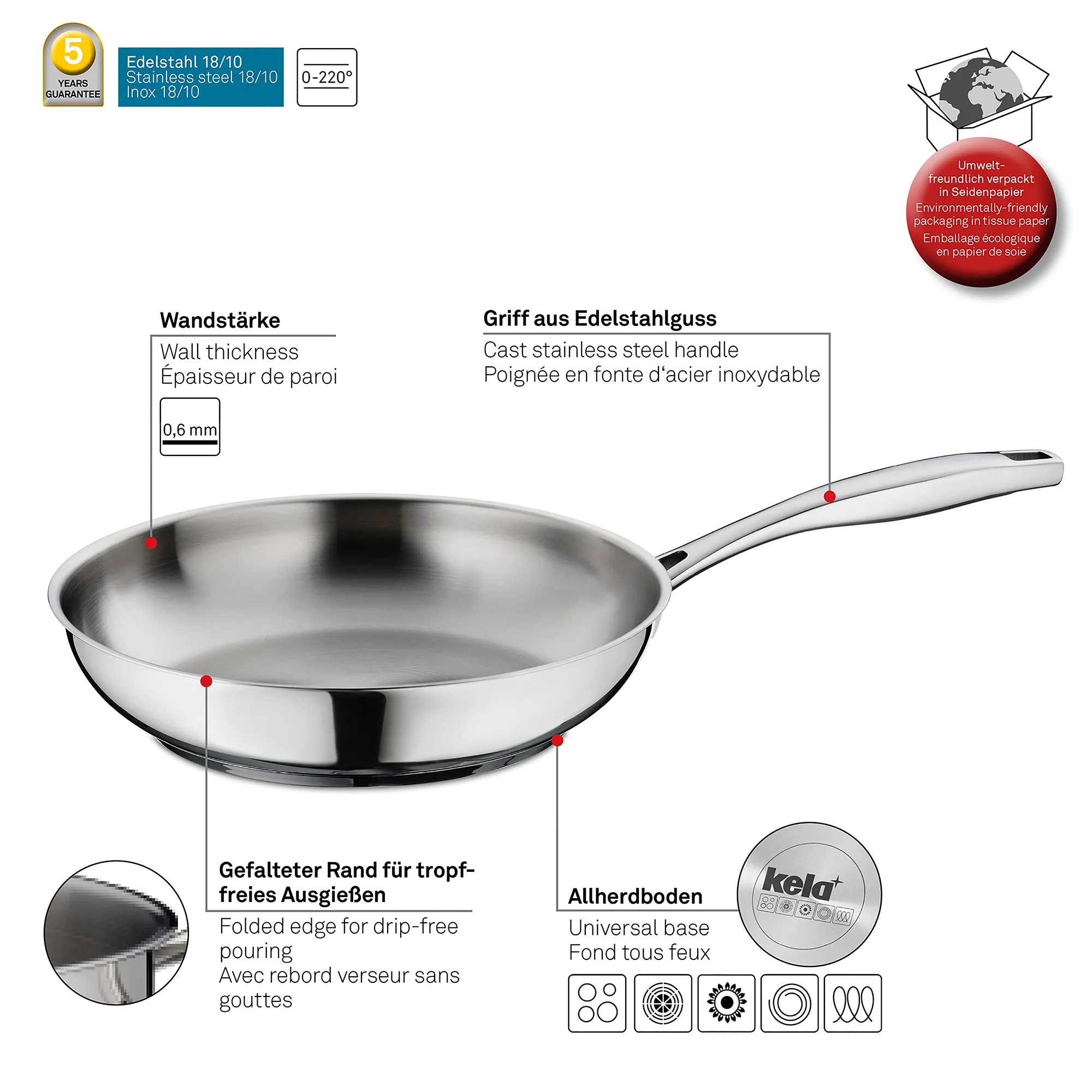Edelstahl-Bratpfanne Induktion universal Allherdboden Edelstahl-Bratpfanne 0-220° mit 0,6 mm Wandstärke, ergonomischem Griff und Allherdboden