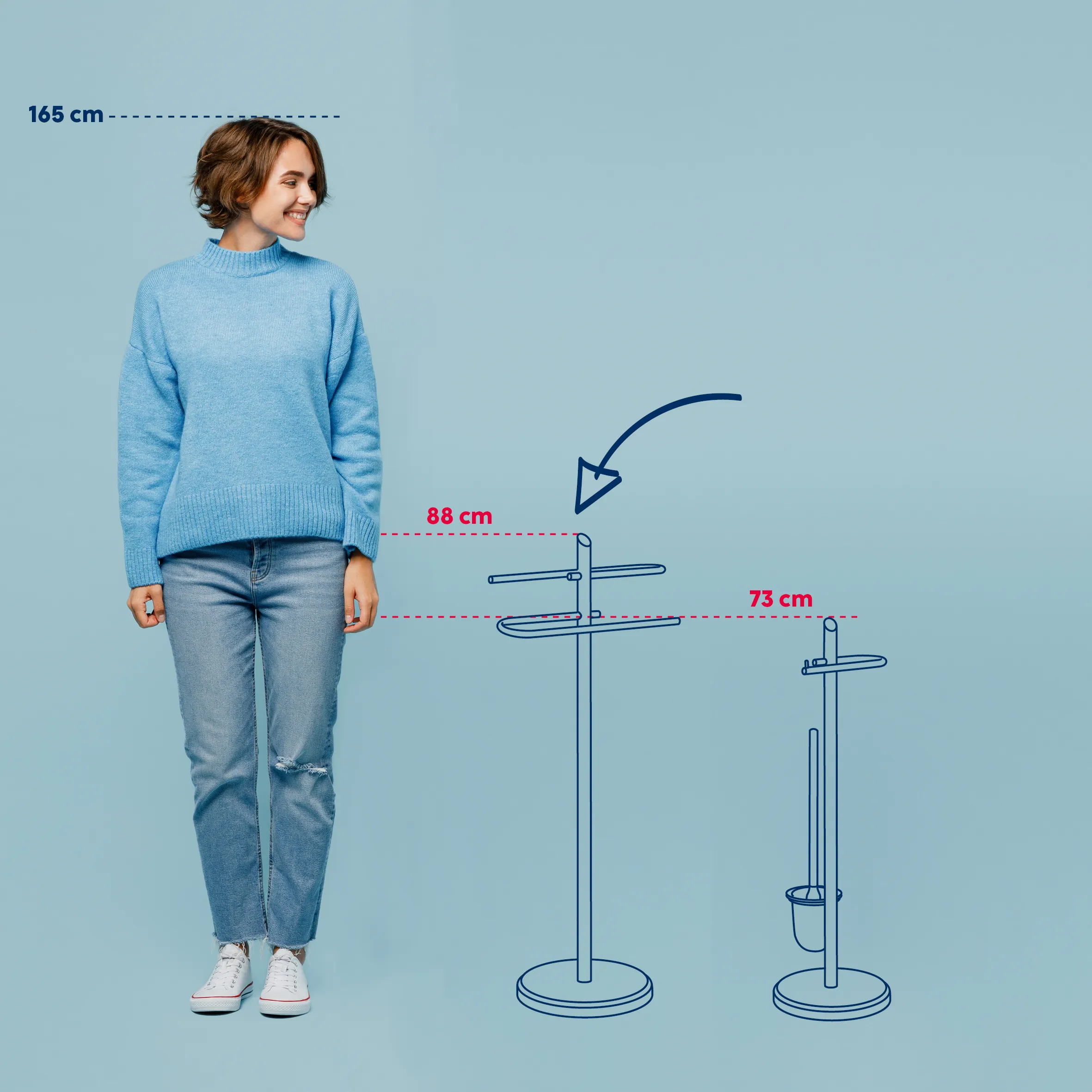 Größenvergleich WC-Garnitur und Handtuchständer mit Frau (165 cm), Höhenangaben 88 cm und 73 cm