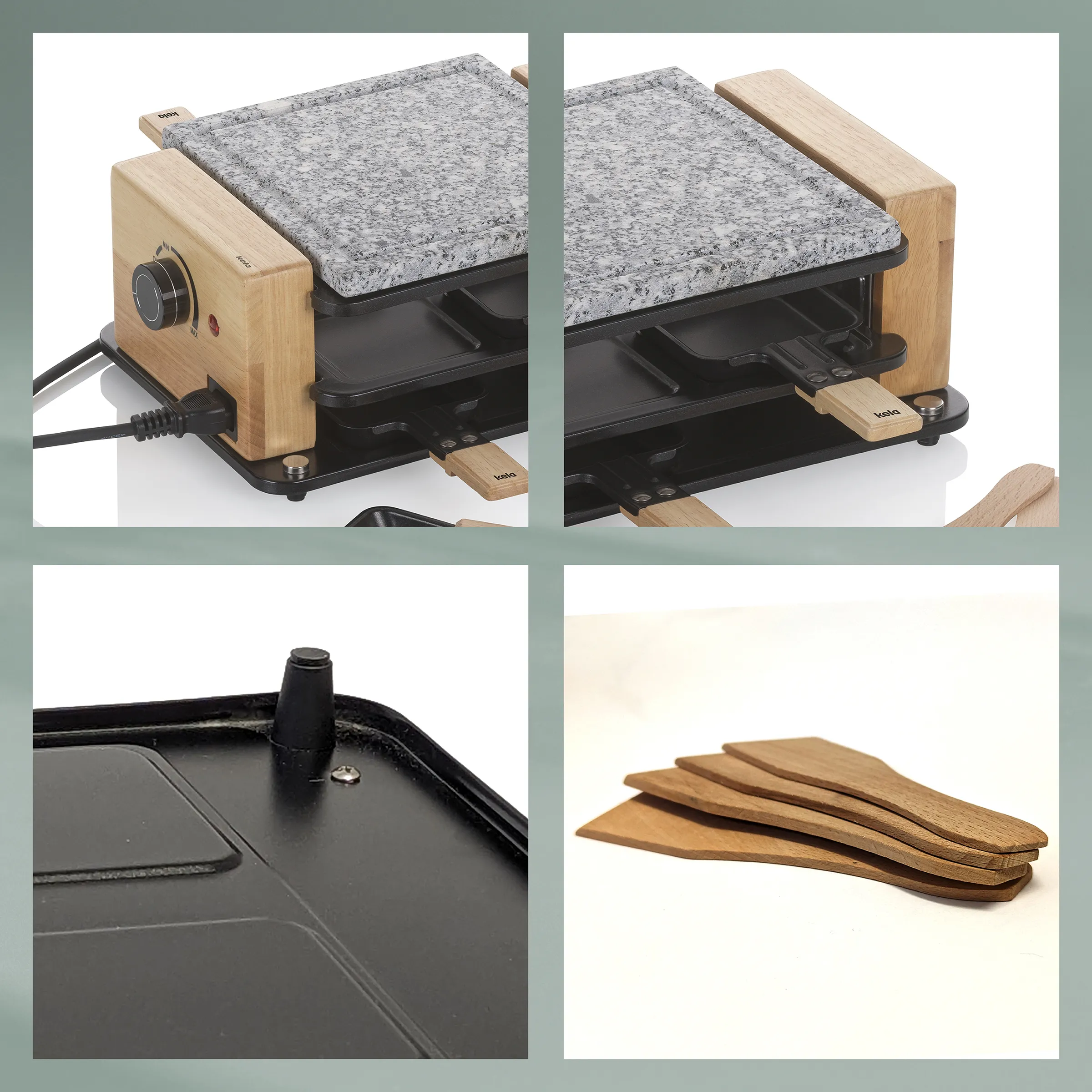 Raclette-Grill mit Natursteinplatte und Holzgriffen – komplettes Set mit Zubehör Raclette-Grill mit Granitsteinplatte und Holzgriffen, inklusive Detailansicht und vier Holzspateln