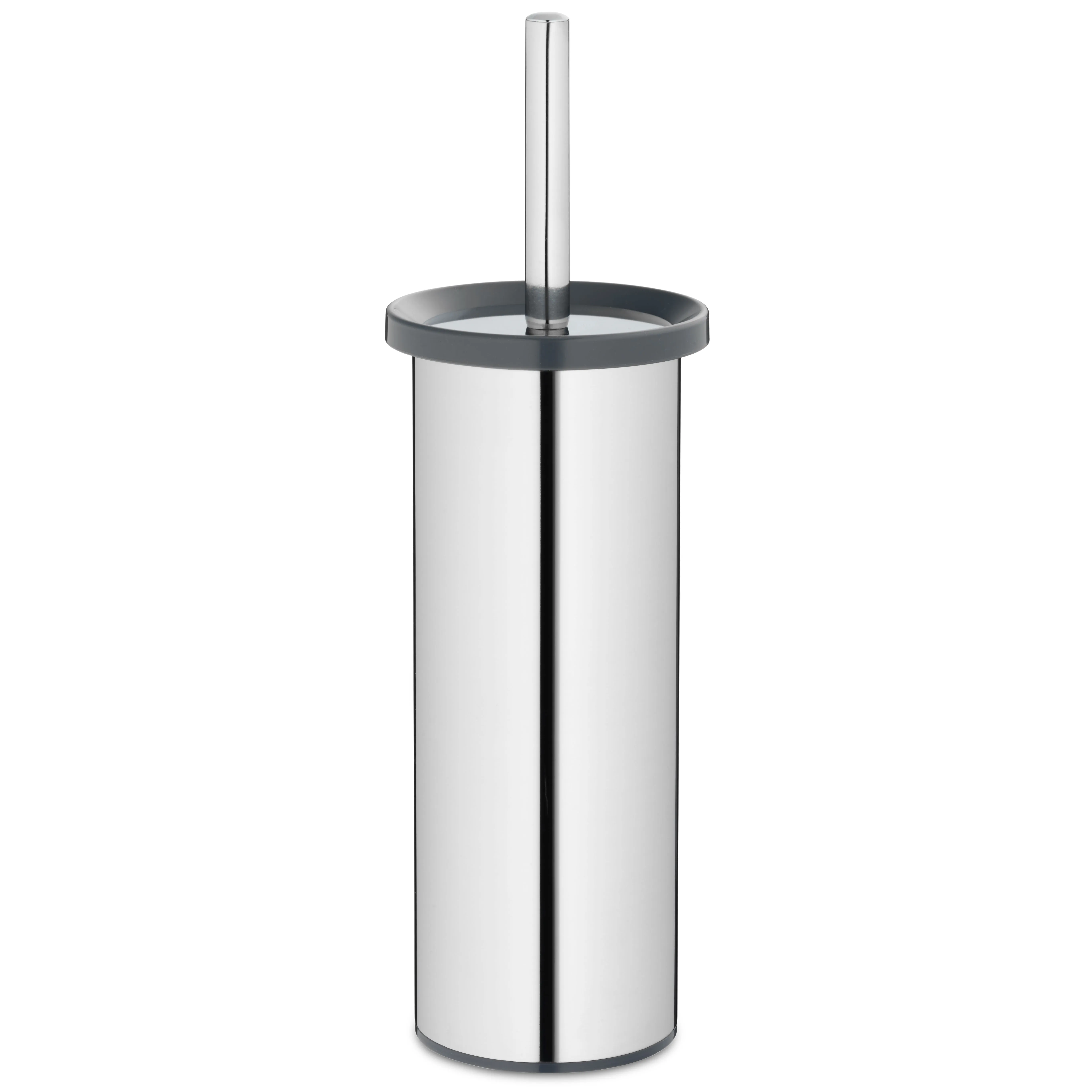 Edelstahl Toilettenbürste mit Halter - modernes Design Moderne Toilettenbürste aus glänzendem Edelstahl mit schwarzem Griff und Behälter, freigestellt auf weißem Hintergrund.