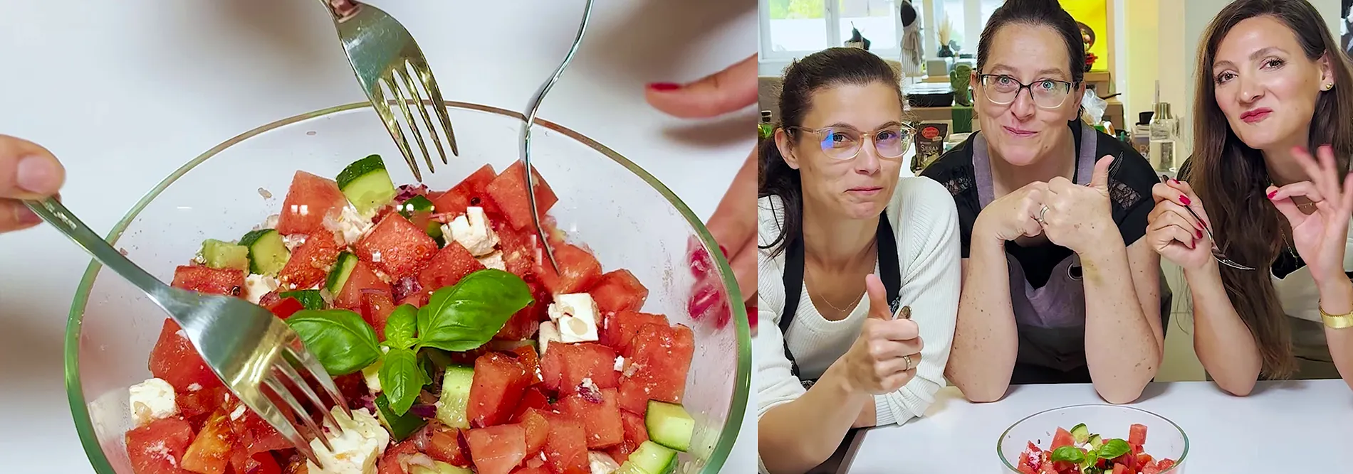 Wassermelonen-Feta-Salat mit Gurke und Basilikum - Gesunde Büro-Mittagspause Frischer Wassermelonen-Gurken-Feta-Salat mit Basilikum und drei Frauen beim gemeinsamen Essen im Büro