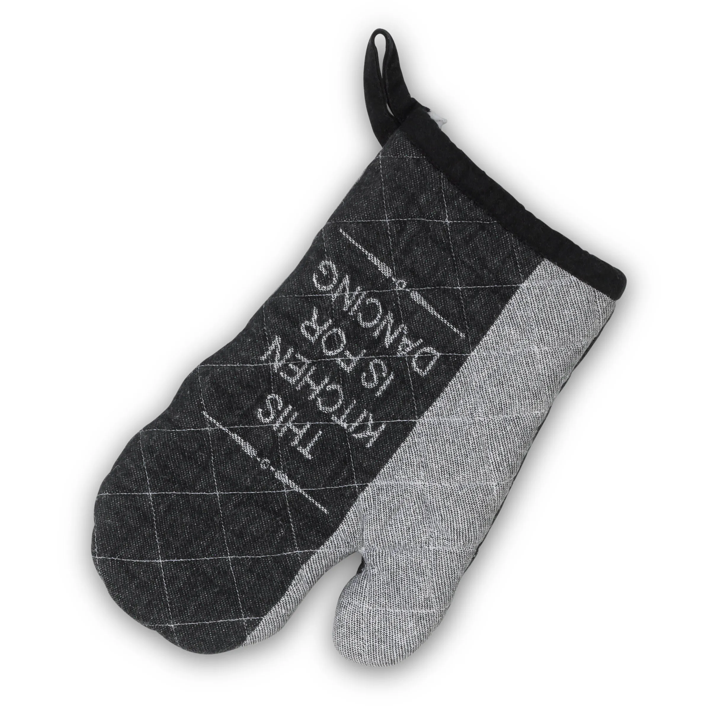Schwarze Ofenhandschuhe mit grauem Futter und Aufhängeschlaufe, Quilted-Muster mit Text