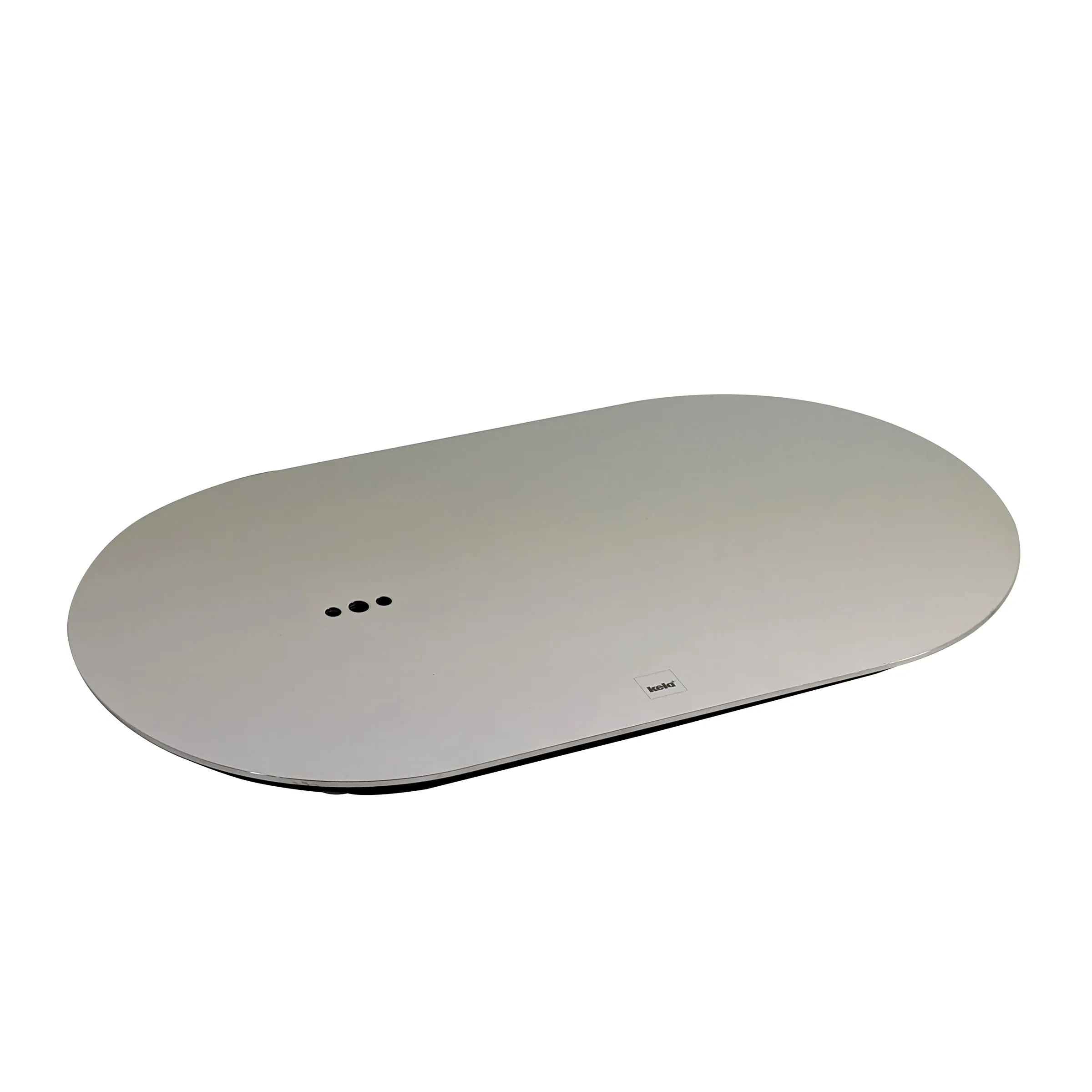 Ovale Servierplatte Weiß - Designer Tablett mit minimalistischem Punktmuster Ovale weiße Servierplatte mit drei dekorativen schwarzen Punkten und Keeeper-Logo auf weißem Hintergrund