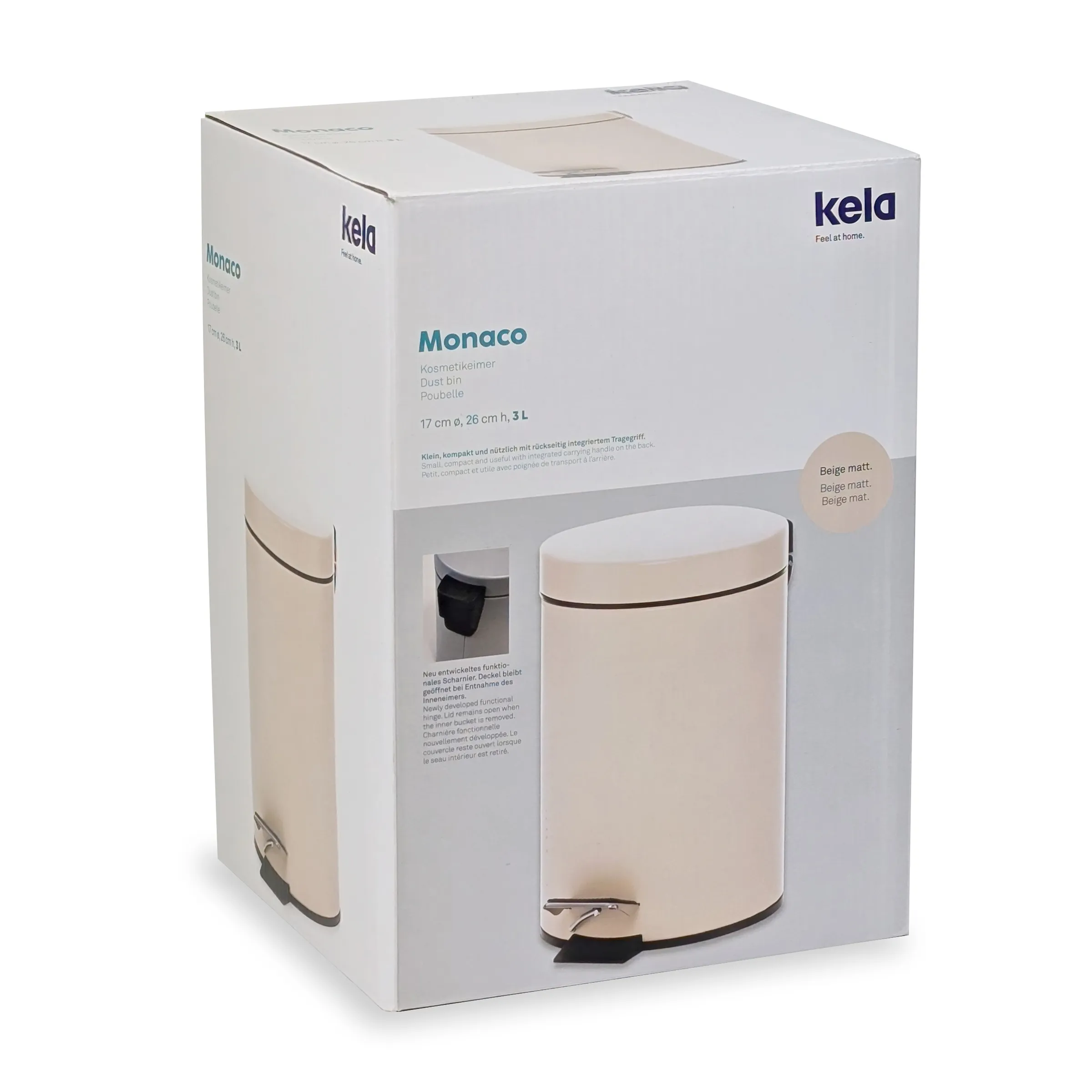 Kela Monaco Kosmetikeimer 3L Beige - Treteimer für Badezimmer Kela Monaco Kosmetikeimer in Beige mit schwarzem Deckel und Fußpedal, 3 Liter Fassungsvermögen, in Originalverpackung