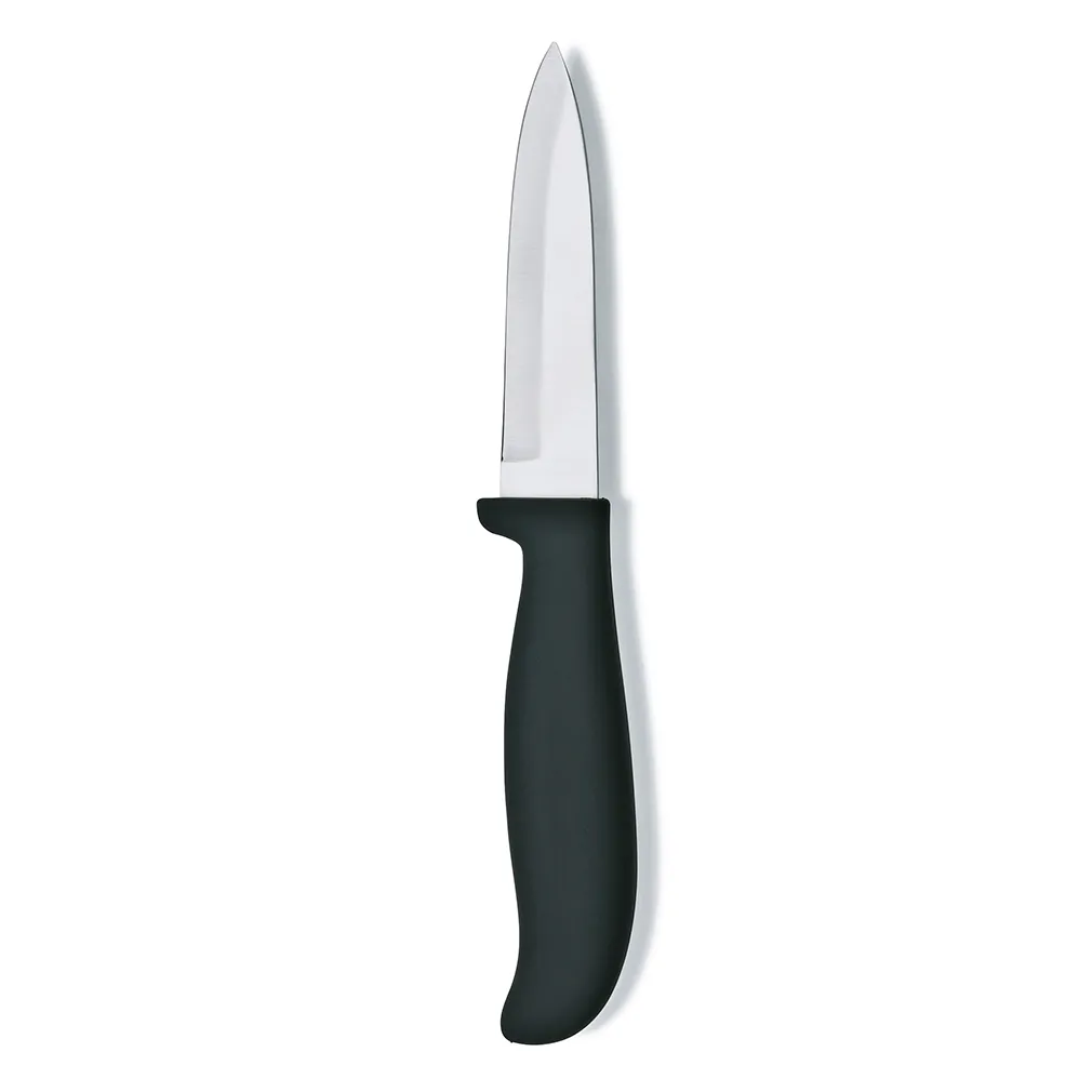 Kochmesser mit silberner Klinge und schwarzem ergonomischem Griff vor weißem Hintergrund