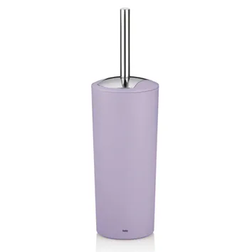 Lila WC-Bürstenhalter mit Chromgriff, zylindrische Form, Kela Marke, isoliert auf weißem Hintergrund