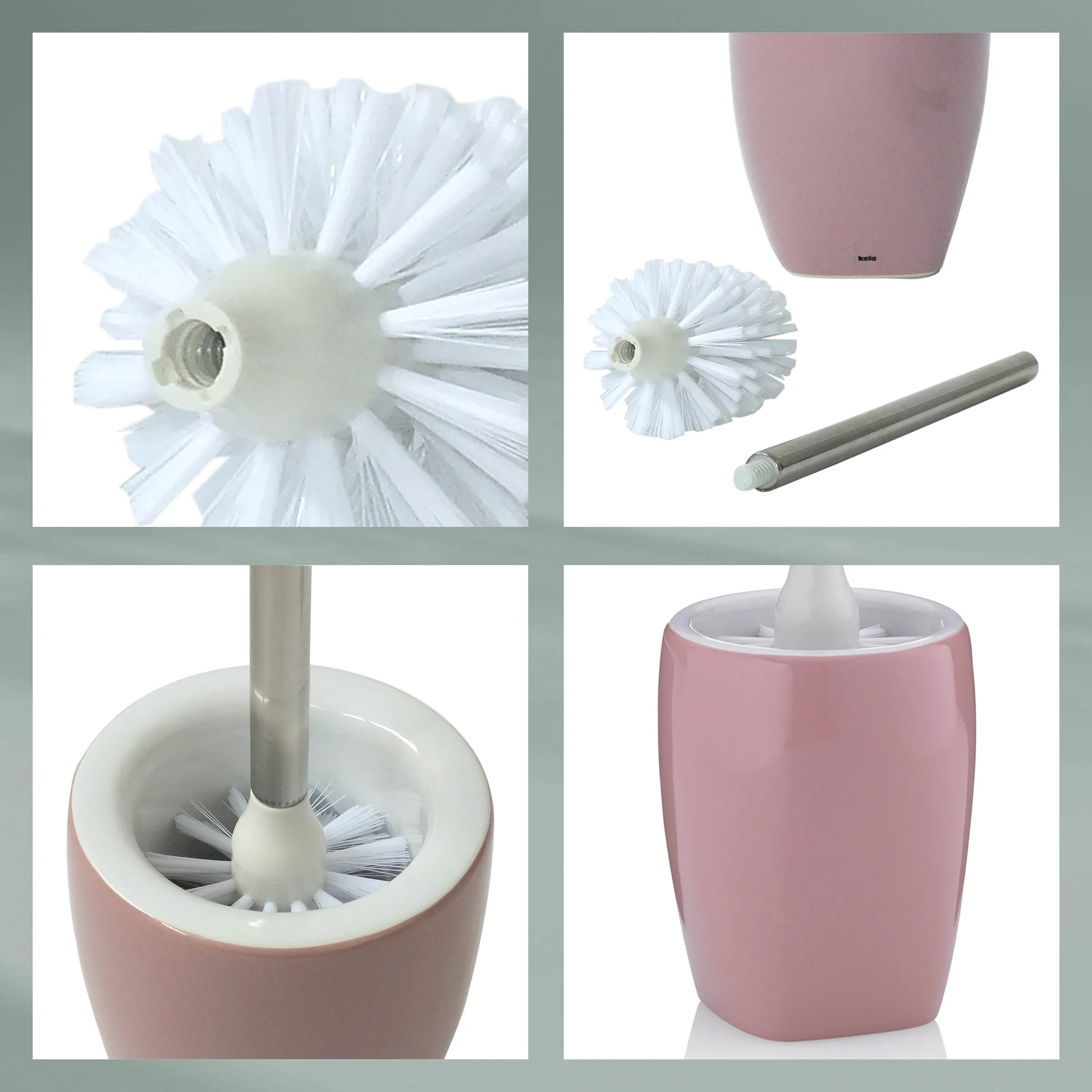 Toilettenbürste rosa - Klobürste mit Behälter Rosa Toilettenbürste mit weißem Bürstenkopf in verschiedenen Ansichten und Einzelteilen wie Stiel und Behälter