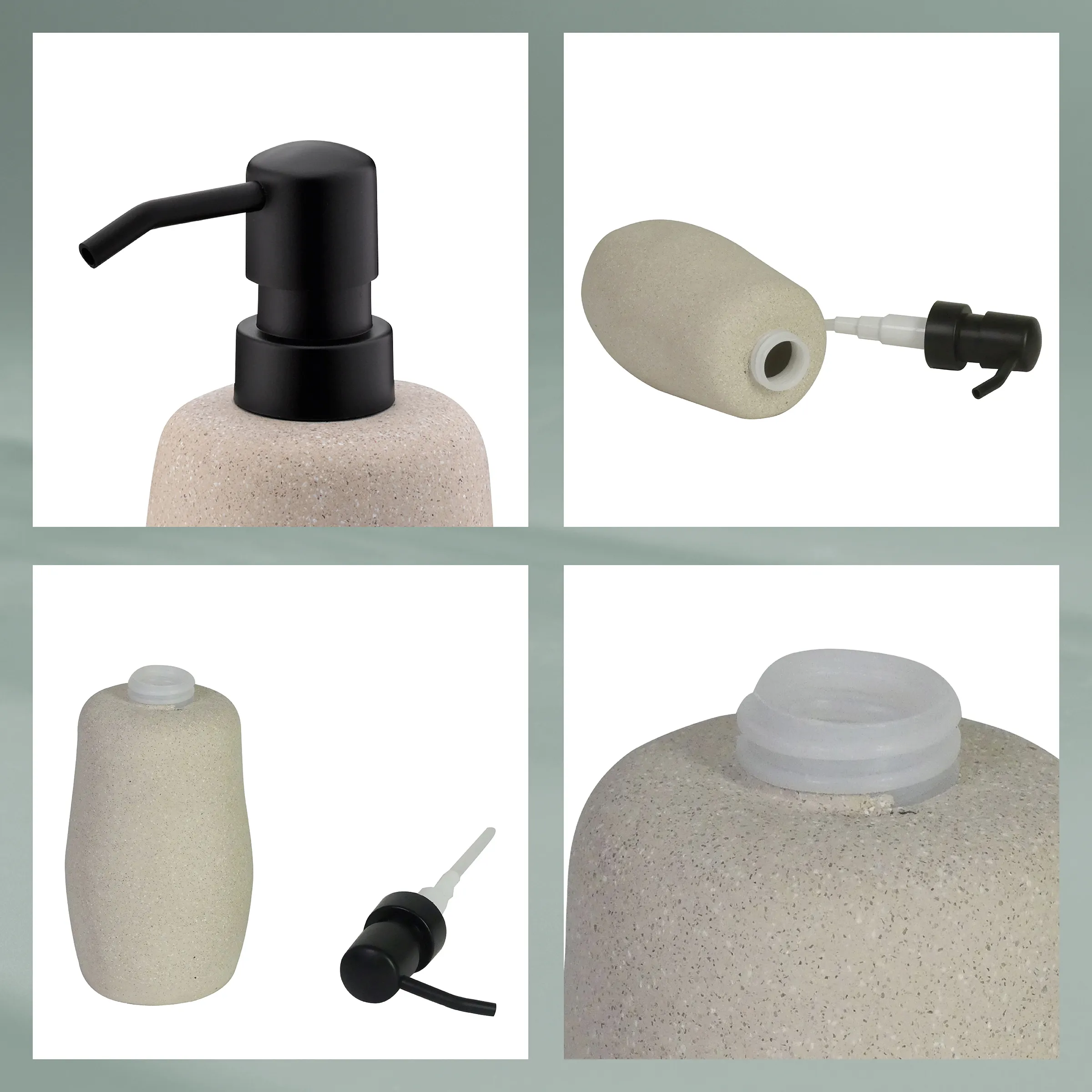 Seifenspender Naturstein mit Pumpkopf - Badaccessoires Set Seifenspender und Desinfektionsmittelspender aus beigem Naturstein mit schwarzen Pumpköpfen in verschiedenen Ansichten
