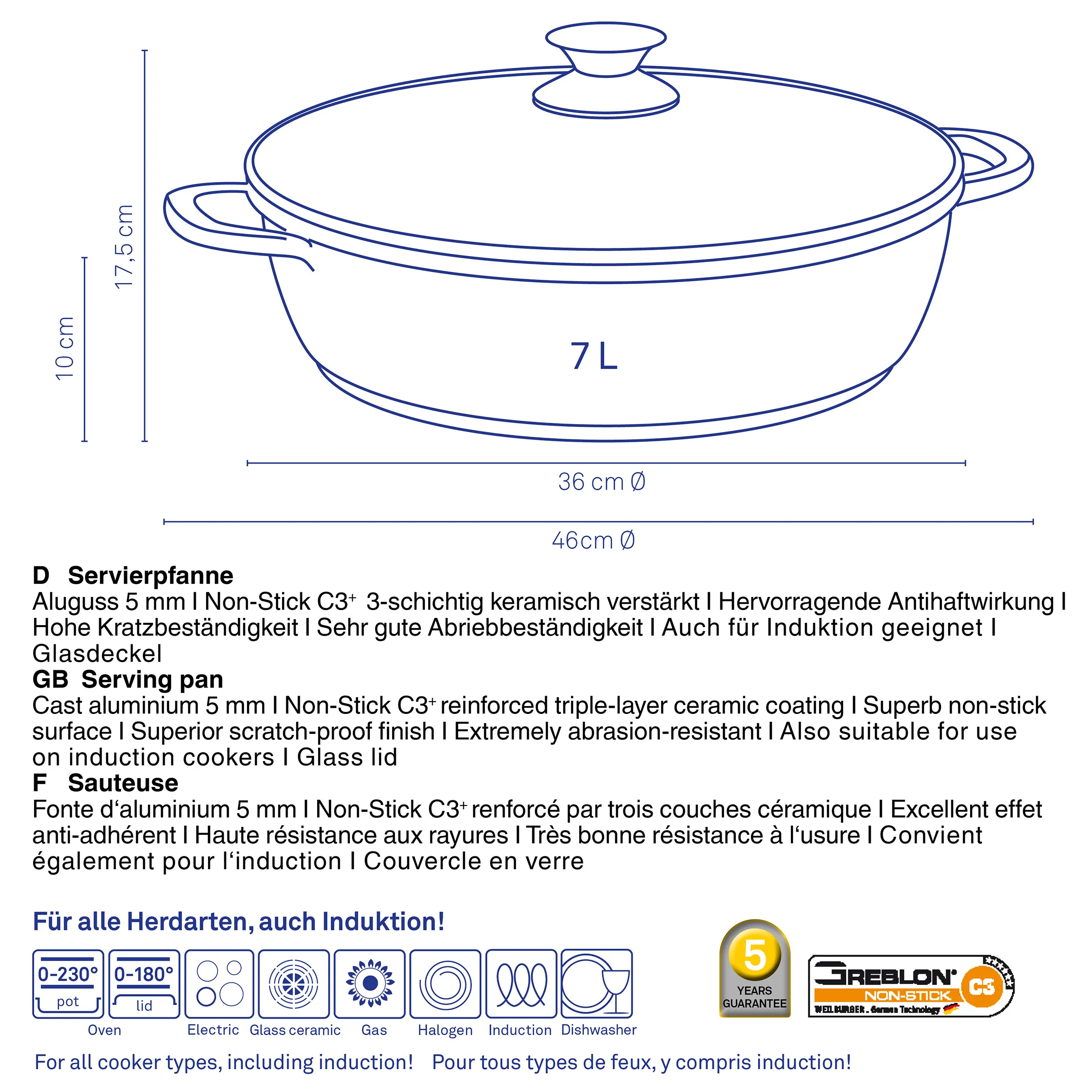 Servierpfanne 7L Aluguss mit Antihaftbeschichtung – induktionsgeeignet mit Glasdeckel 7L Servierpfanne aus Aluguss mit Glasdeckel, 36cm Durchmesser, für alle Herdarten inkl. Induktion
