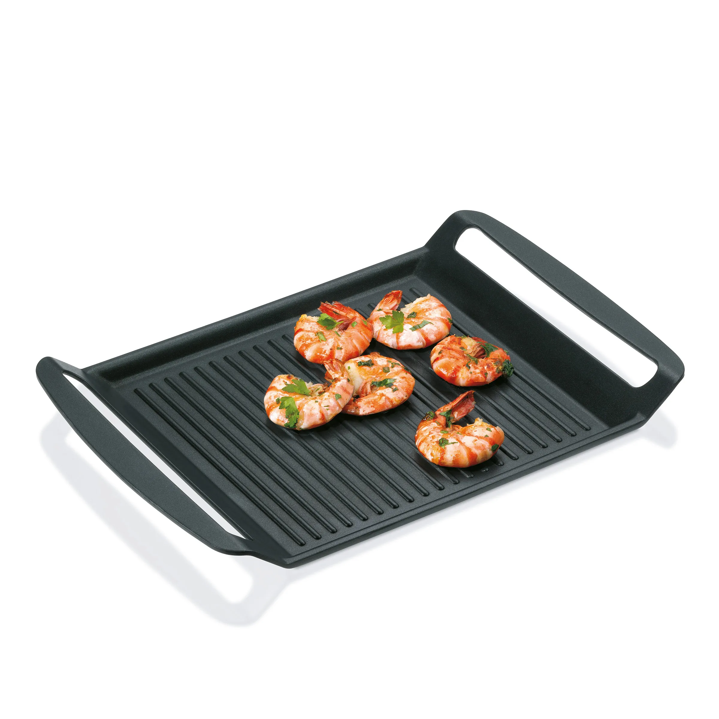 Grillplatte Gusseisen mit Garnelen - Kochzubehör Schwarze Grillplatte mit Rillen und acht gebratenen Garnelen mit Kräutern als Beispiel für die Grillanwendung