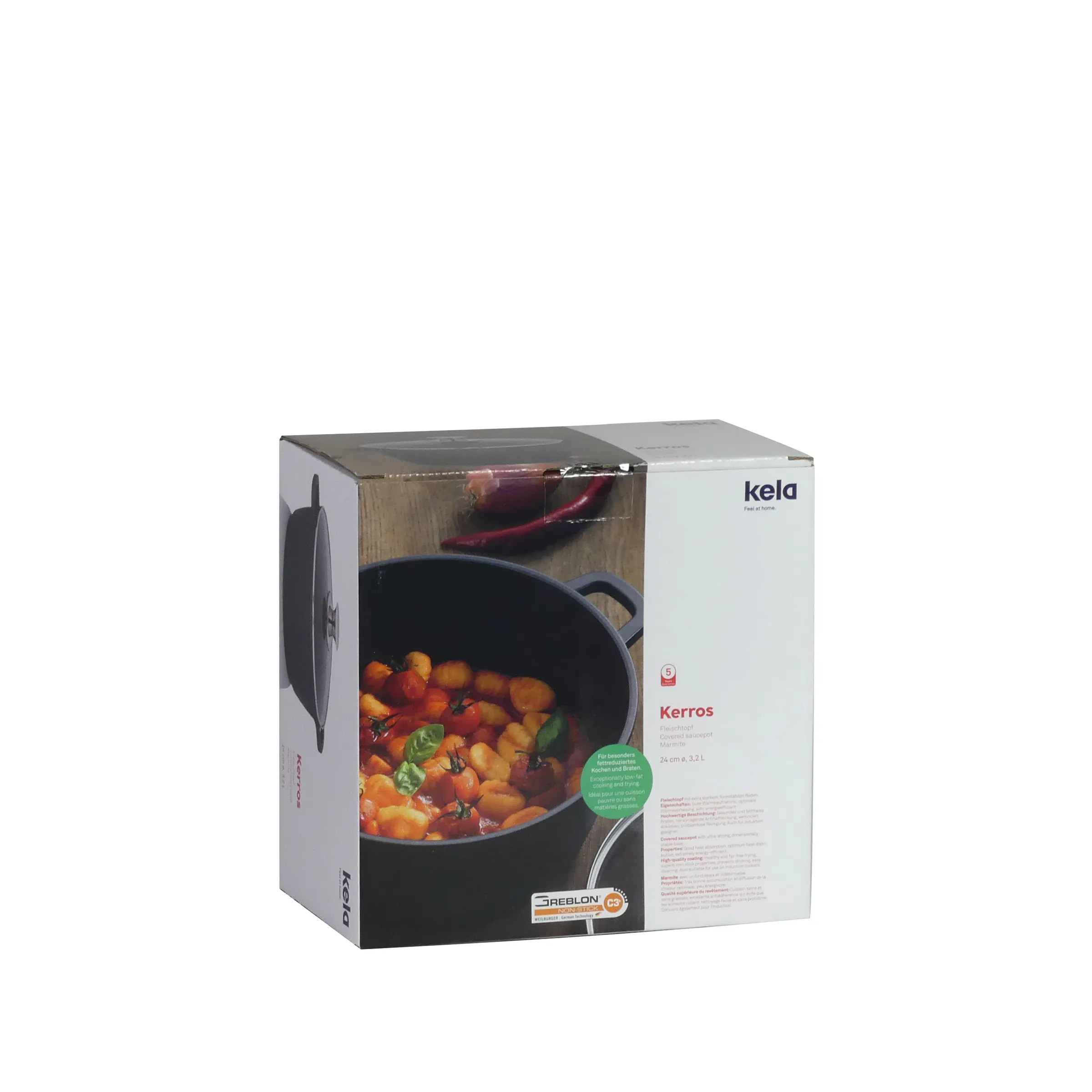 Kela Kerros Kochtopf Set - Hochwertiger Kochtopf mit Deckel Kela Kerros Topf mit schwarzem Design und Deckel, gefüllt mit buntem Gemüse in Tomatensoße