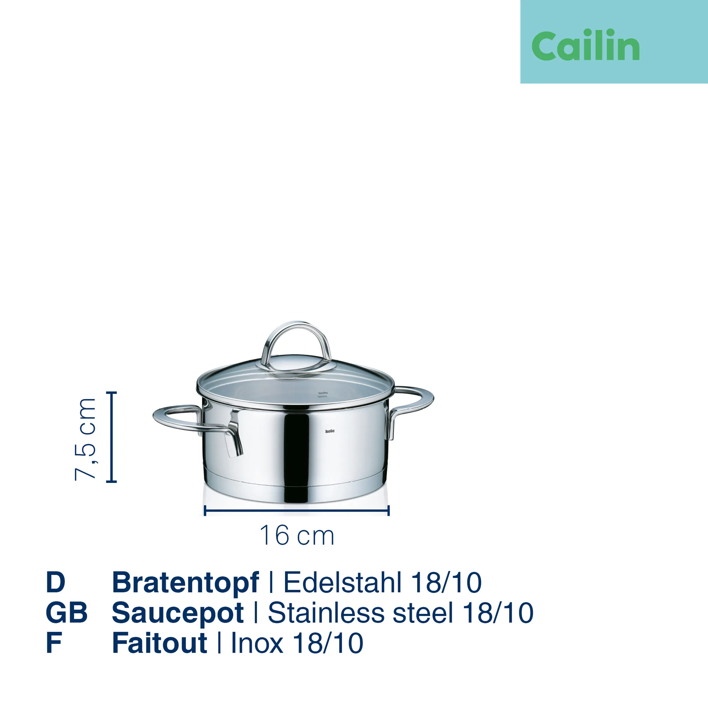 Bratentopf Edelstahl 18/10 mit Deckel - 16 cm Edelstahl Bratentopf mit Glasdeckel, 16 cm Durchmesser, 7,5 cm Höhe, silbermetallisch glänzend