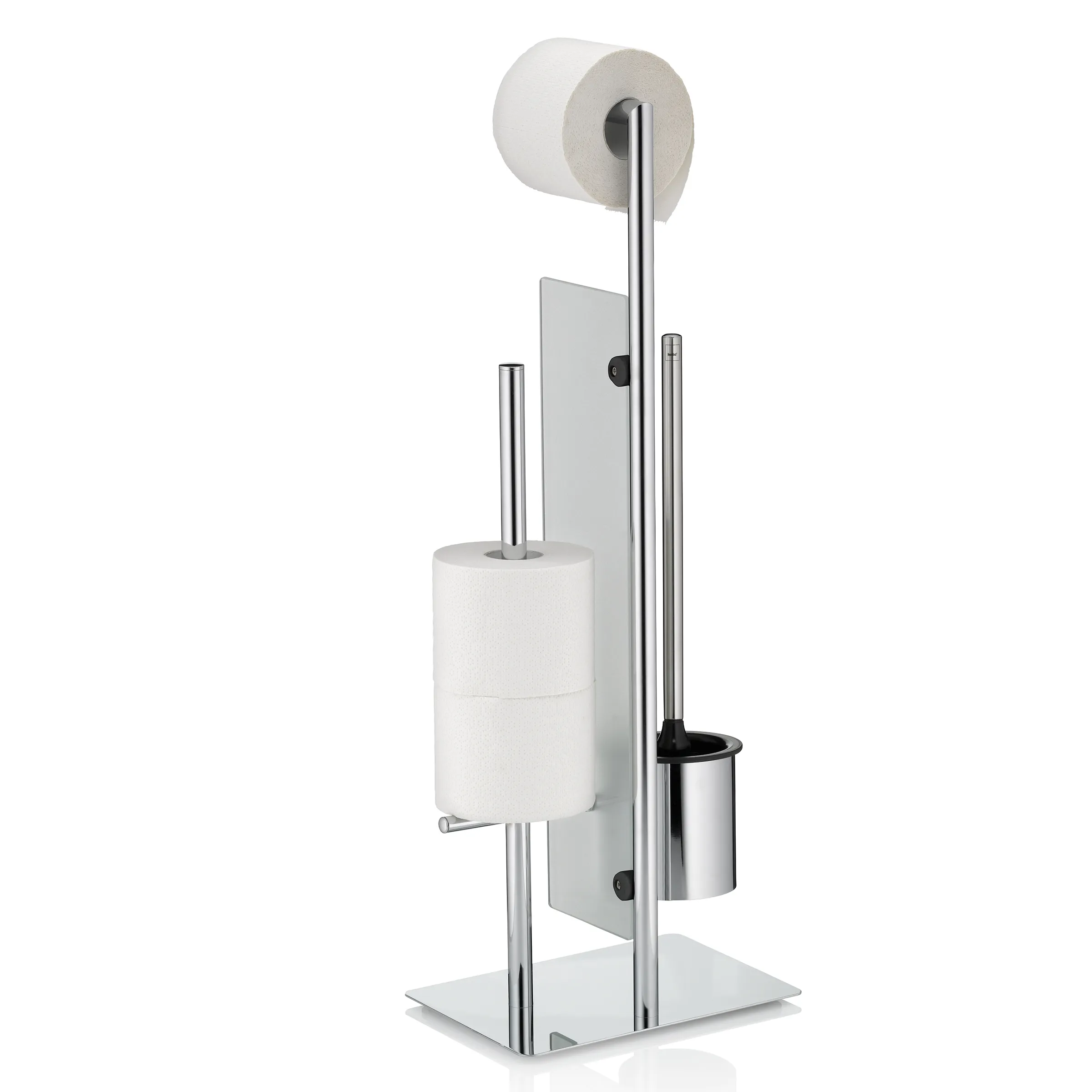 Moderner Toilettenpapierhalter aus Edelstahl mit integriertem WC-Bürstenhalter und Reservoir für Ersatzrollen