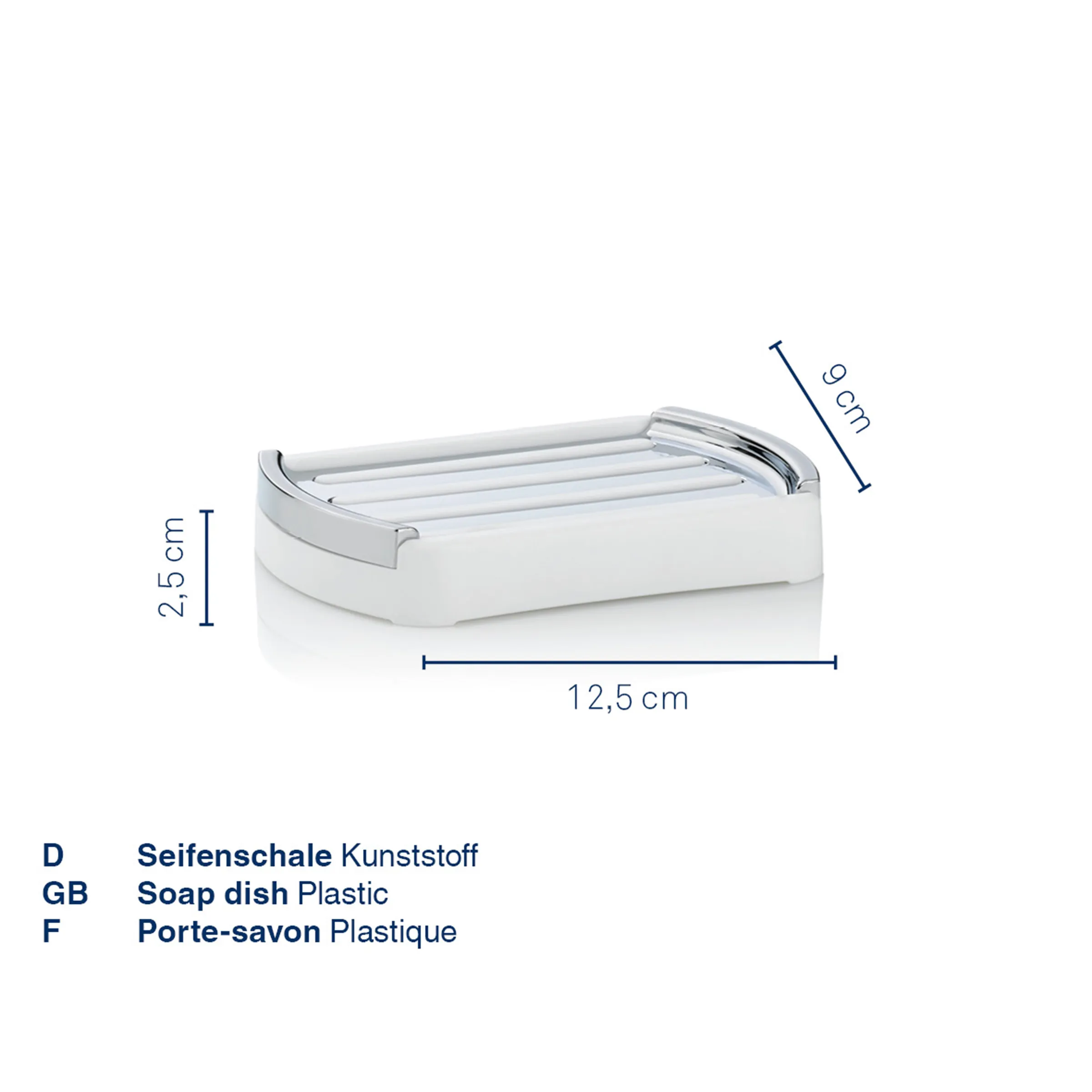 Weiße Kunststoff-Seifenschale mit Ablaufgitter, Maße 12,5 x 9 x 2,5 cm, freigestellt auf weißem Hintergrund