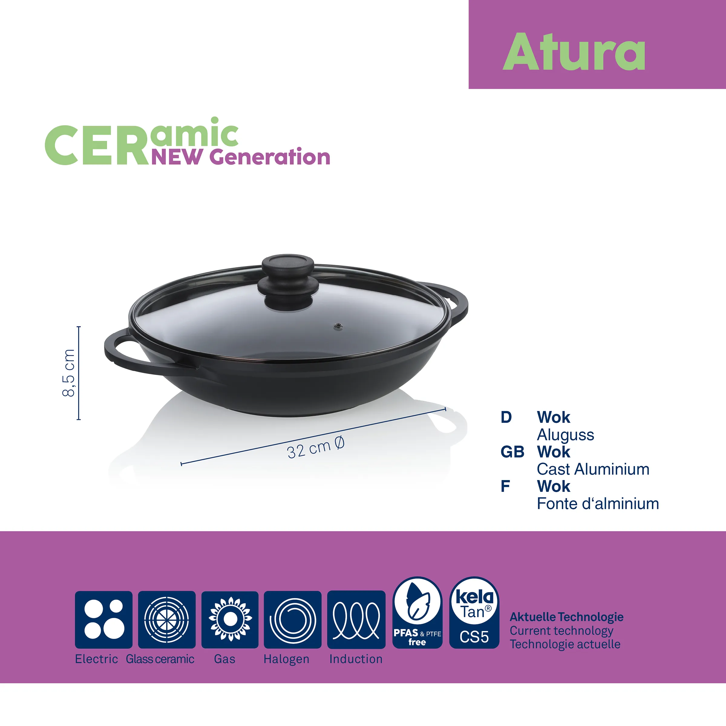 Altura CERamic Wok 32 cm Aluguss mit Glasdeckel - induktionsgeeignet Altura CERamic Wok aus Aluguss, 32 cm Durchmesser, 8,5 cm Höhe, mit Glasdeckel, schwarz, für alle Herdarten
