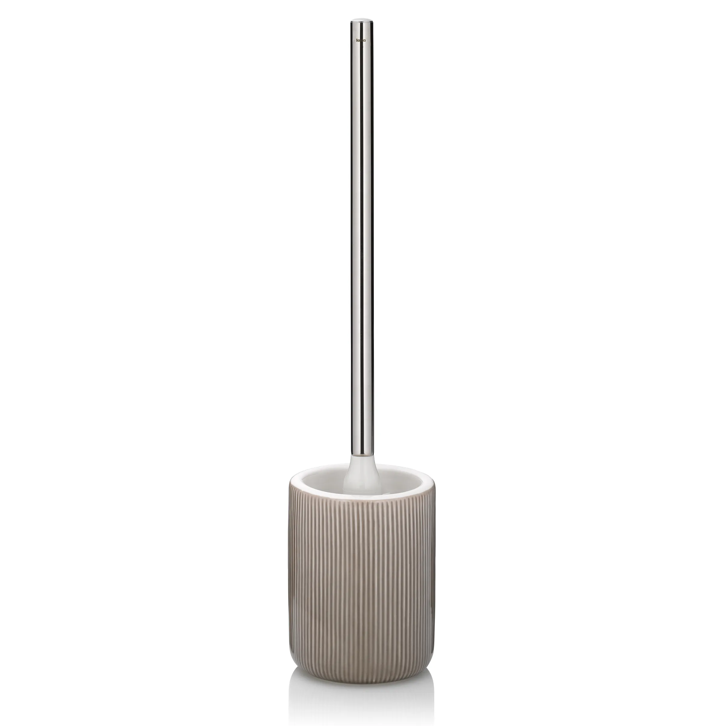 WC-Bürste mit Keramikhalter Riffeloptik beige - Edelstahl Toilettenbürste WC-Bürste mit Halter in beiger Riffeloptik und Edelstahlgriff auf weißem Hintergrund