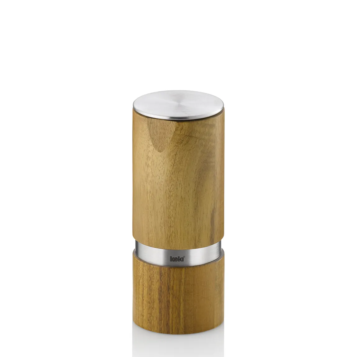 Kela Gewürzmühle aus Holz mit Edelstahlakzenten und Keramikmahlwerk auf weißem Hintergrund