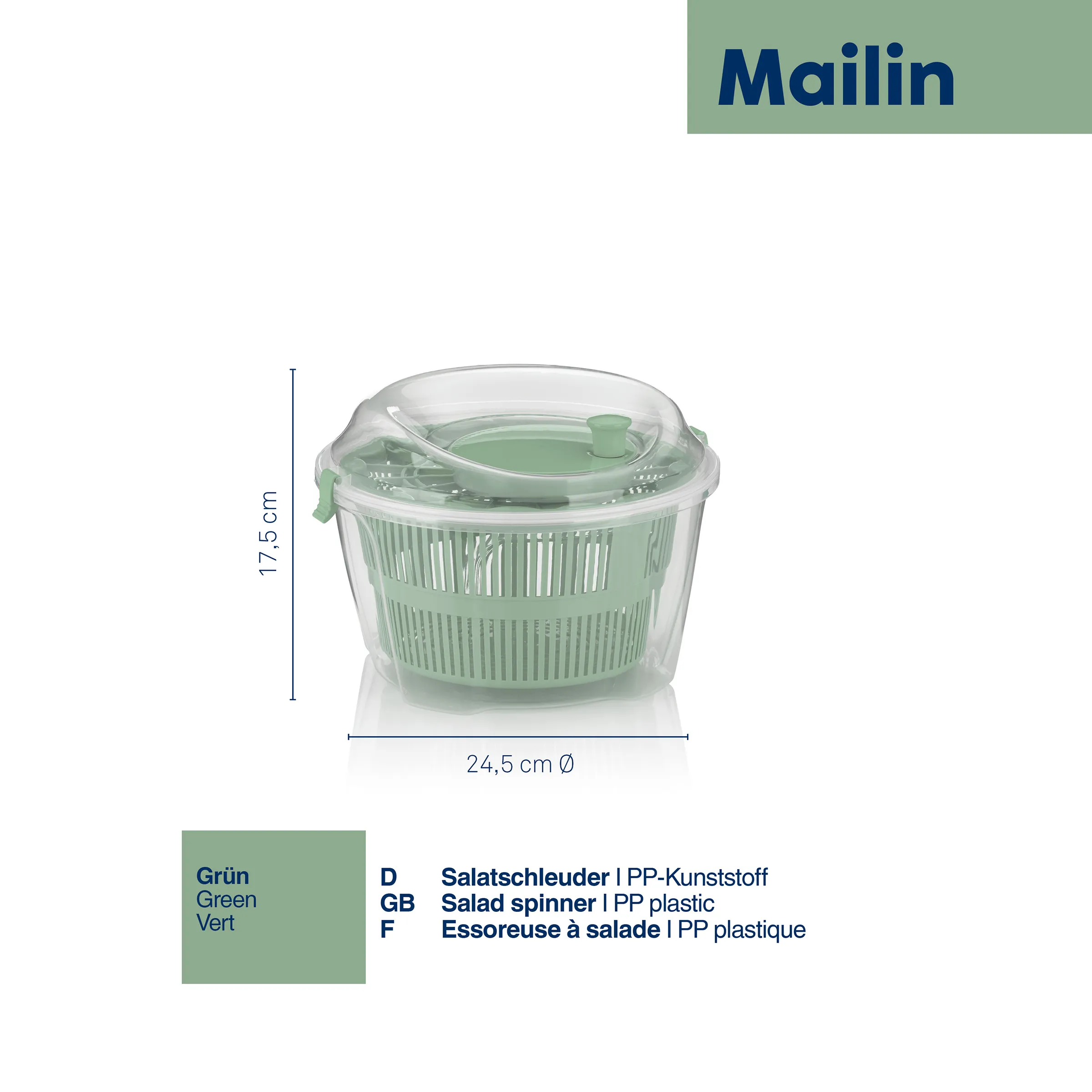 Salatschleuder Mailin grün - PP Kunststoff Salat Spinner Grüne Salatschleuder Mailin aus PP-Kunststoff mit transparentem Deckel, Maße: 24,5 cm Durchmesser, 17,5 cm Höhe