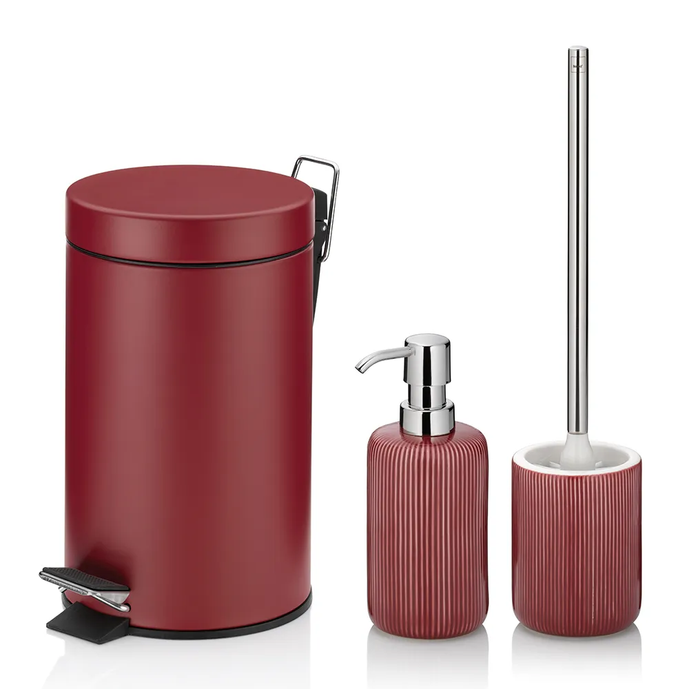 Badezimmer-Set mit bordeauxrotem Treteimer, Seifenspender und Toilettenbürste mit Halter