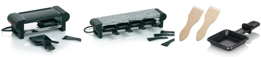 Raclette Grill Set - Elektrogrill mit Zubehör Raclette-Grillset bestehend aus Elektrogrill, Grillplatte mit Naturstein, Holzspachteln und schwarzem Serviertablett
