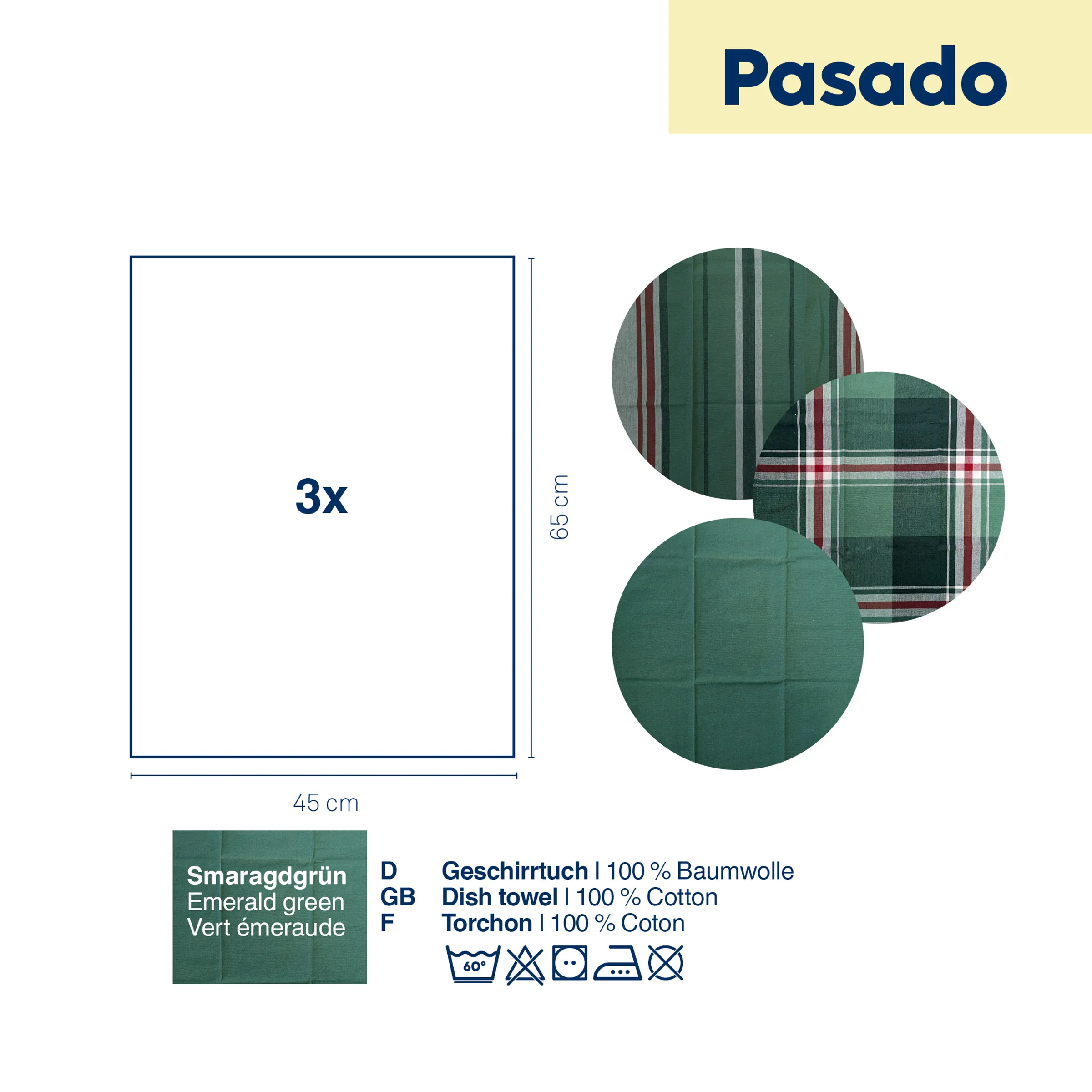 Geschirrtücher Set 3-teilig Smaragdgrün 100% Baumwolle - Pasado Küchentücher Pasado Smaragdgrün Geschirrtücher Set 3x - 45x65cm, 100% Baumwolle mit Karomuster