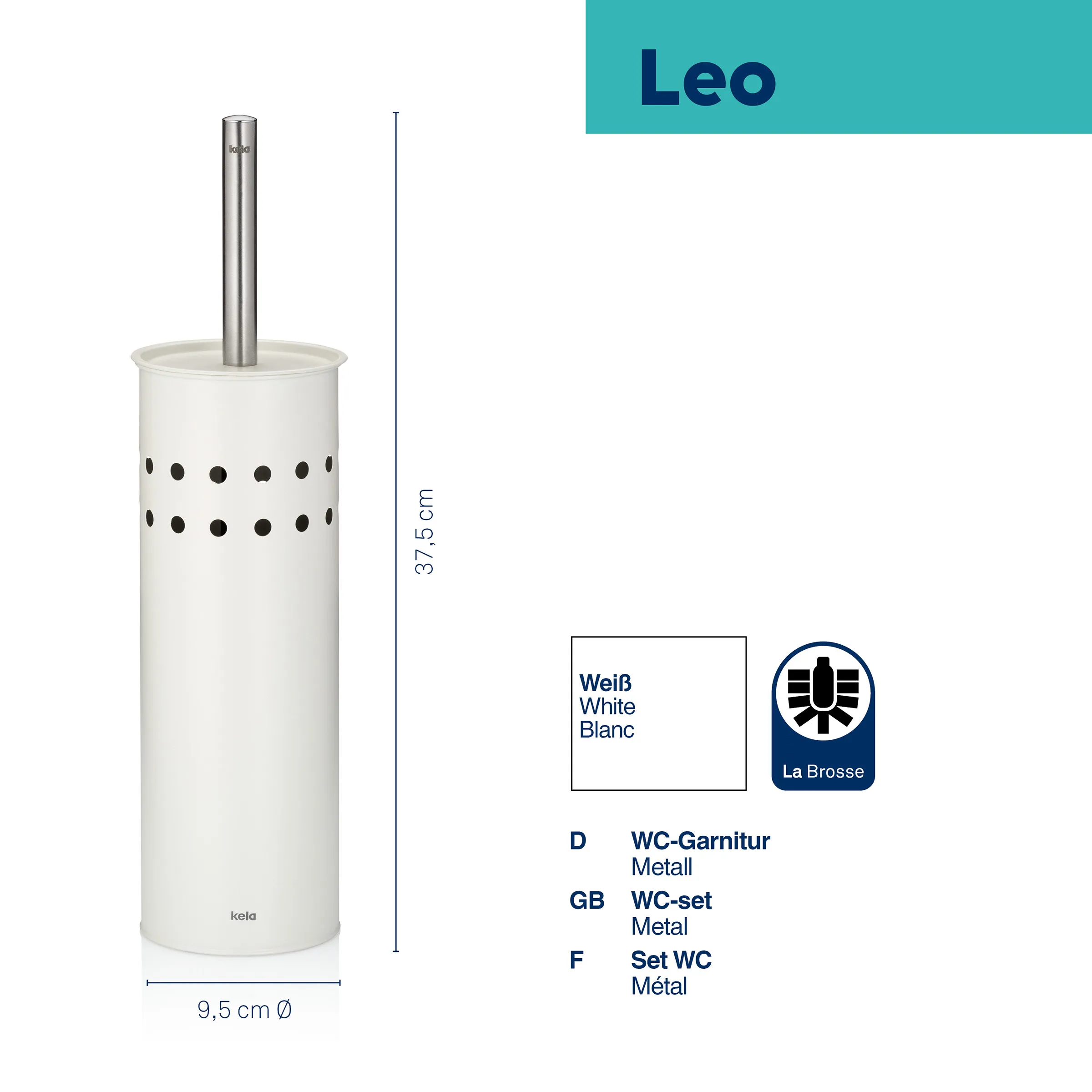 Weiße Toilettenbürste Leo von Kela mit Metallgriff, 37,5 cm Höhe und 9,5 cm Durchmesser