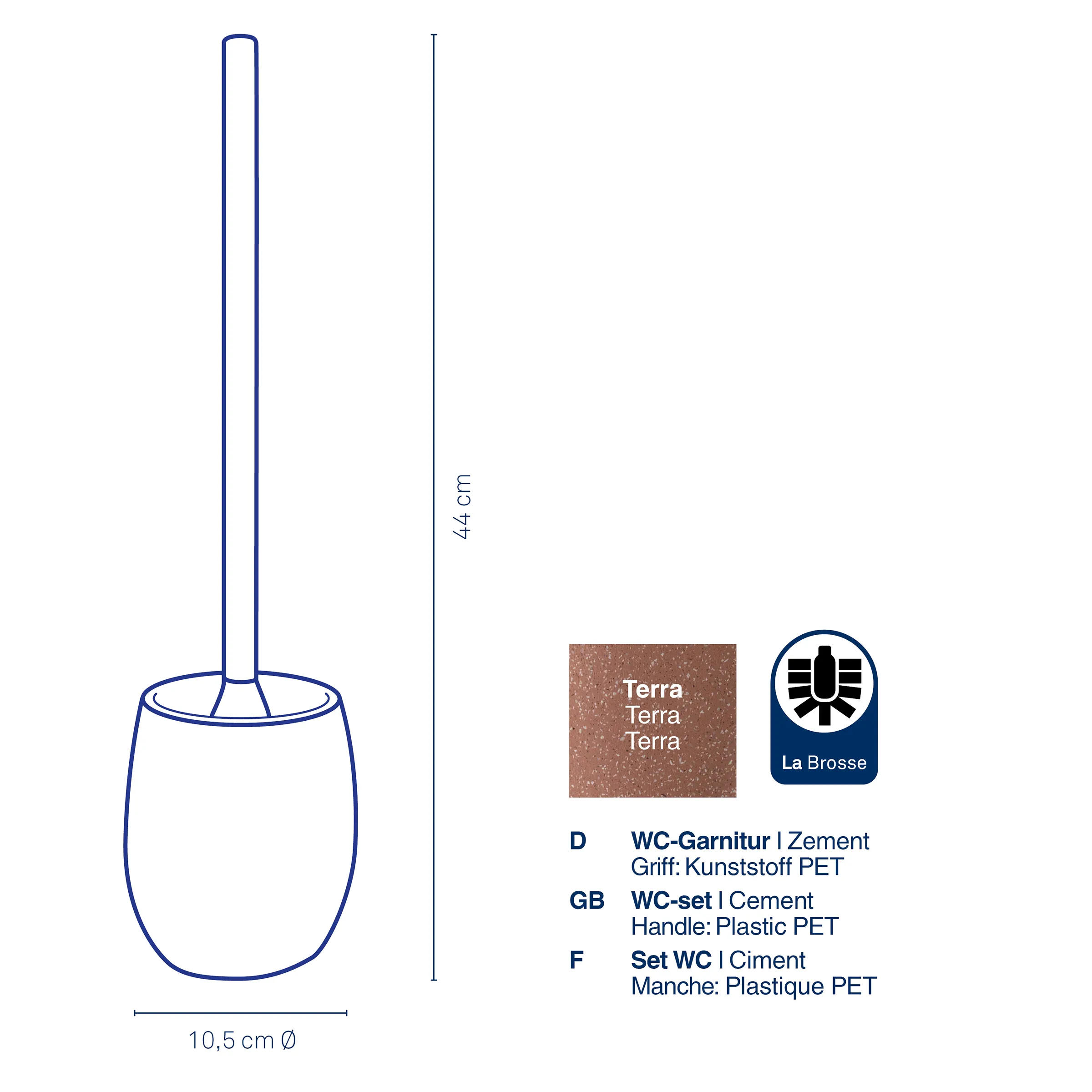 WC-Garnitur Zement mit Kunststoffgriff 44 cm WC-Garnitur mit Zementbürste und Kunststoffgriff, 10,5 cm Durchmesser, 44 cm Höhe, Terra-Design von La Brosse.