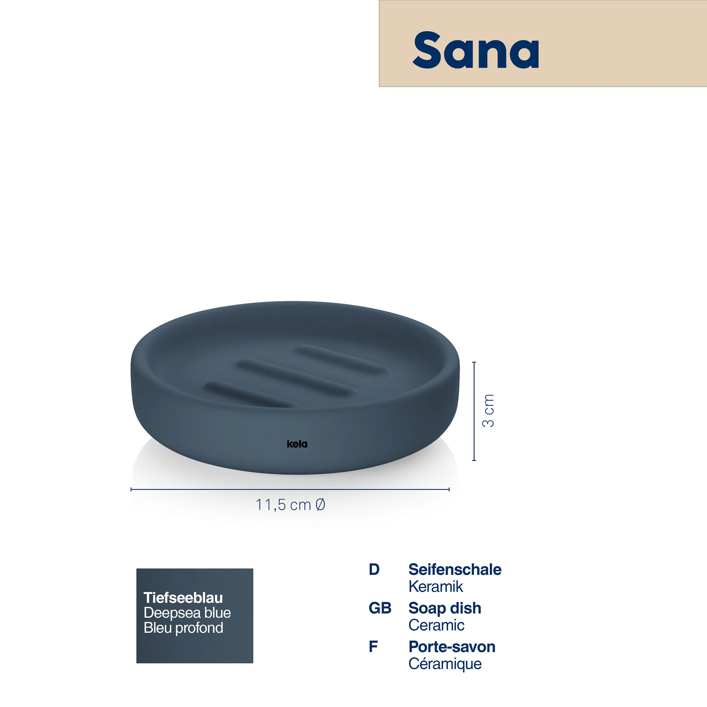 Sana Keramik Seifenschale Deepsea Blue Sana Seifenschale aus dunkelblauer Keramik mit Abmessungen von 11,5 cm Durchmesser und 3 cm Höhe