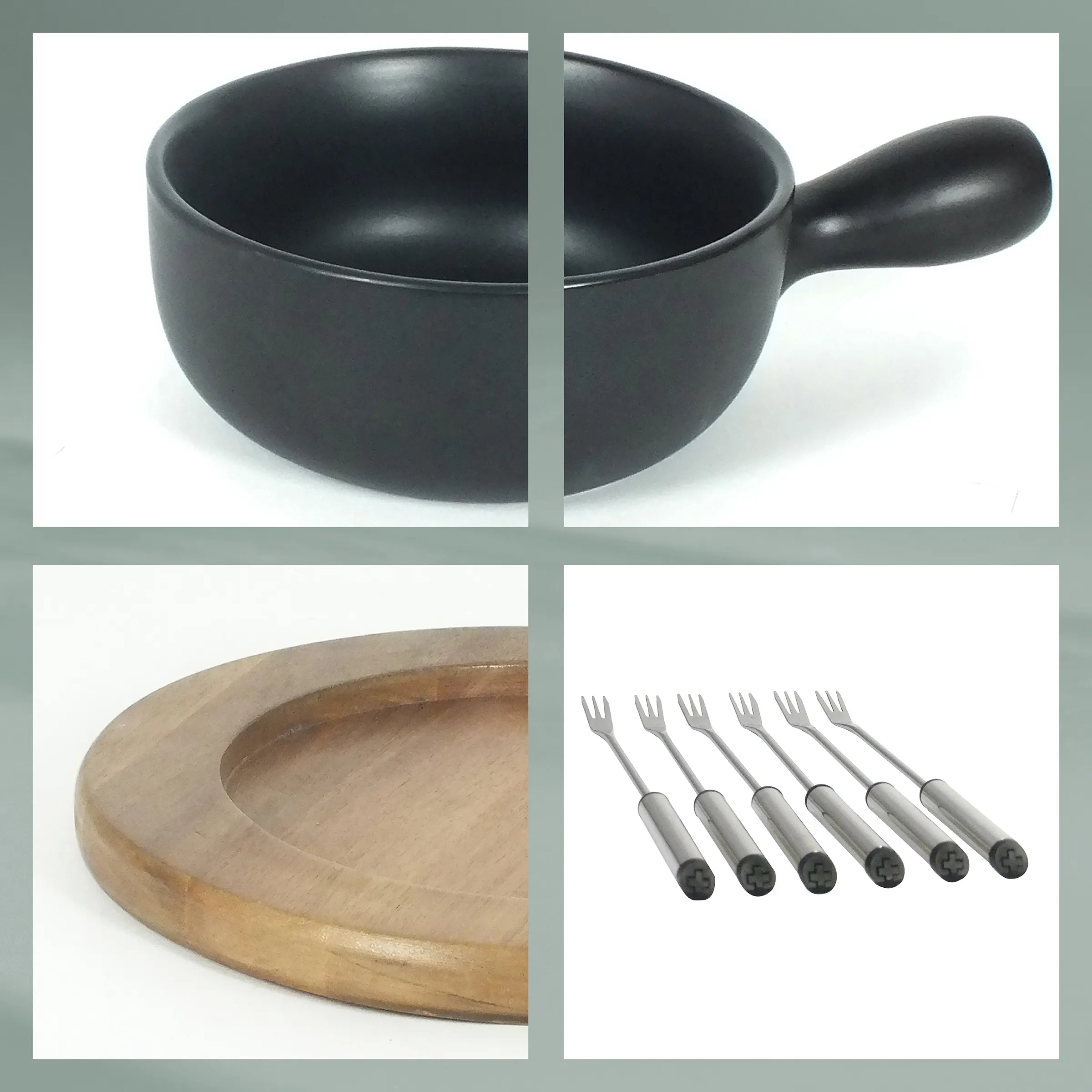 Fondue Set mit Keramikschale und Zubehör Schwarze Keramikschale mit Griff, Holztablett und Metallgabeln als Fondue- oder Raclette-Set