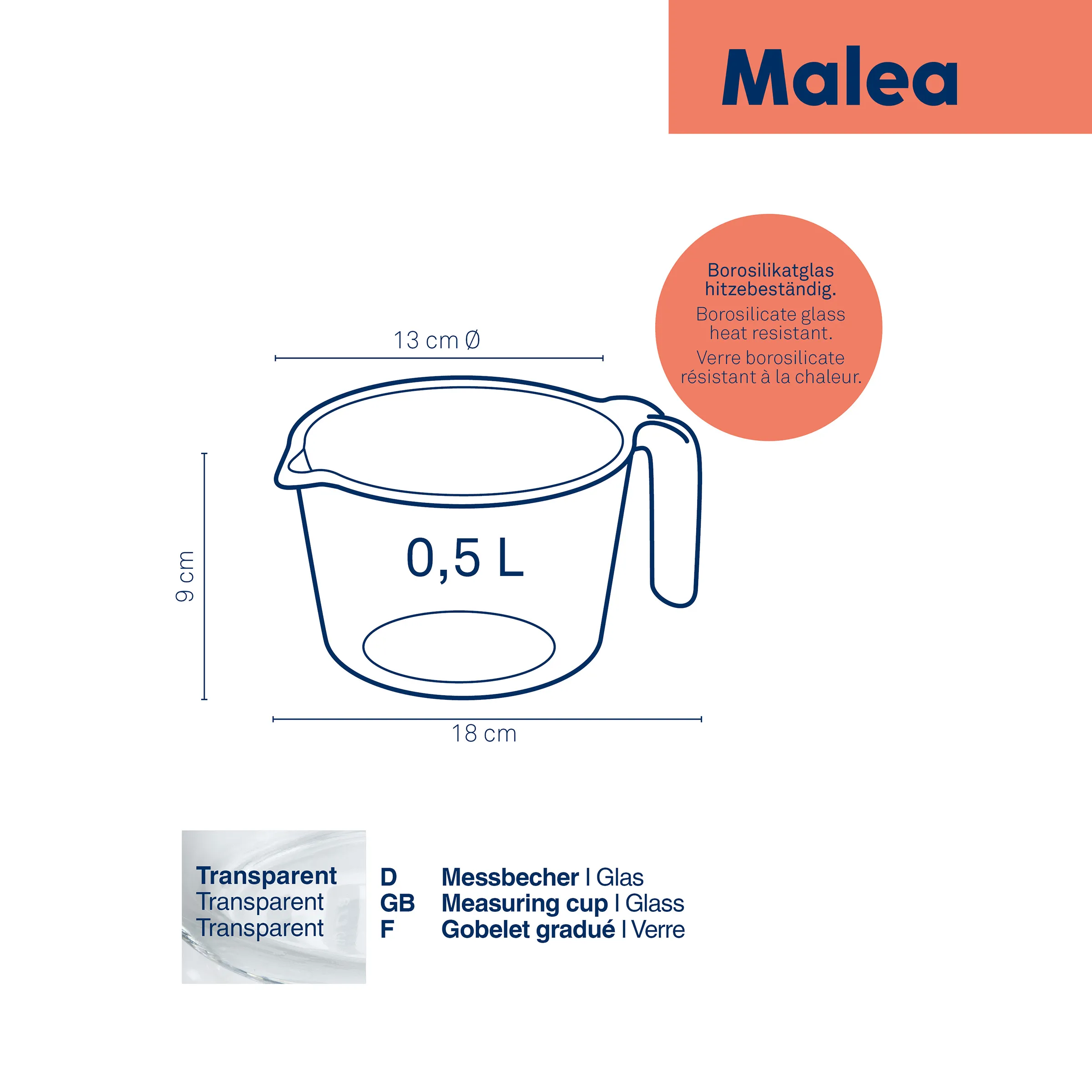 Malea Messbecher Glas 0,5L hitzebeständig transparent Küchenhelfer Malea Messbecher aus Glas, 0,5 L Fassungsvermögen, mit Maßangaben 13 cm Durchmesser, 9 cm Höhe, hitzebeständig