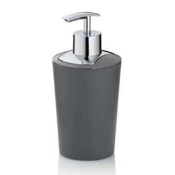 Grauer Seifenspender mit glänzendem Chromdeckel und ergonomischem Pumpenhebel
