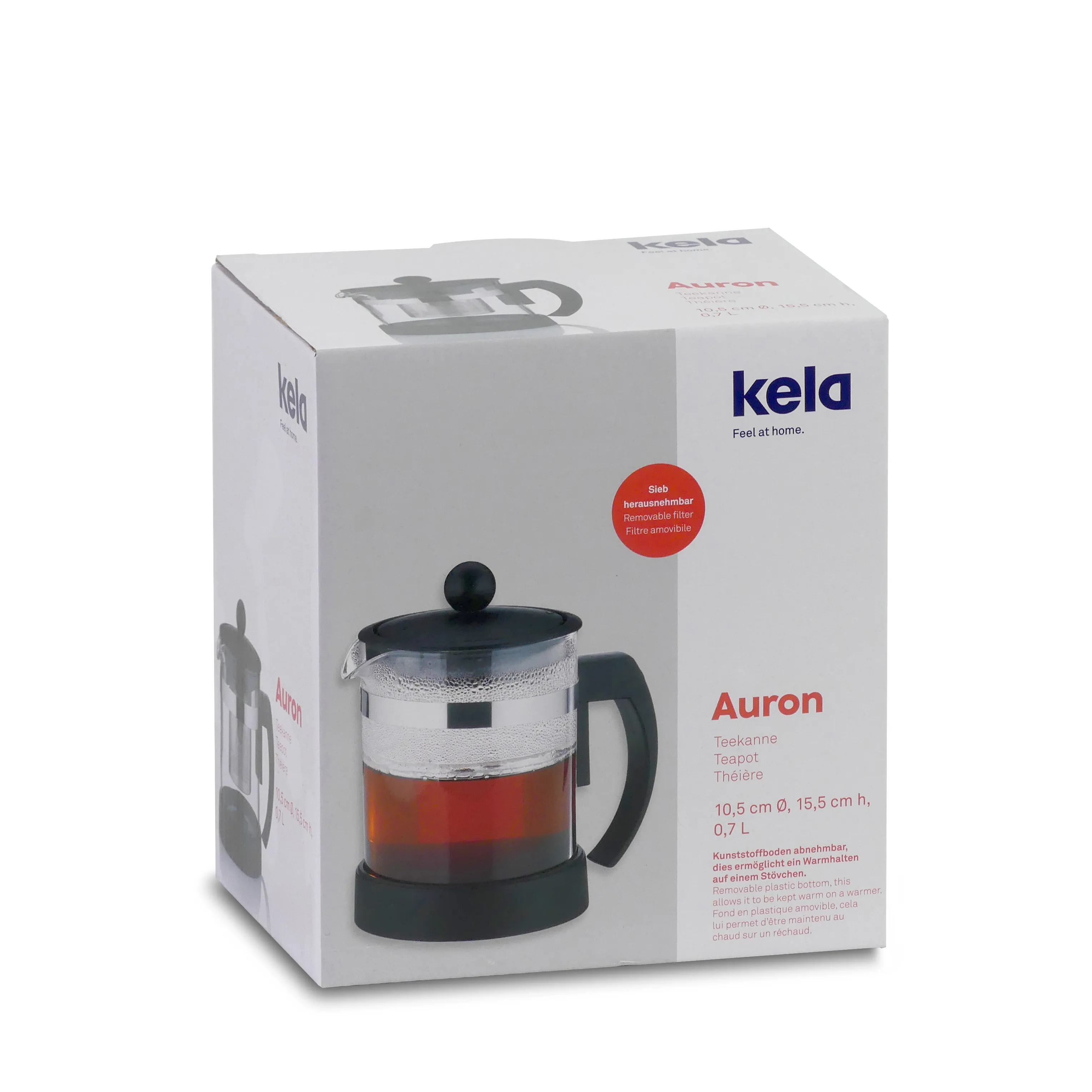 Kela Auron Teekanne 0,7L mit herausnehmbarem Sieb, Glaskörper und schwarzem Kunststoffgriff in Verpackung