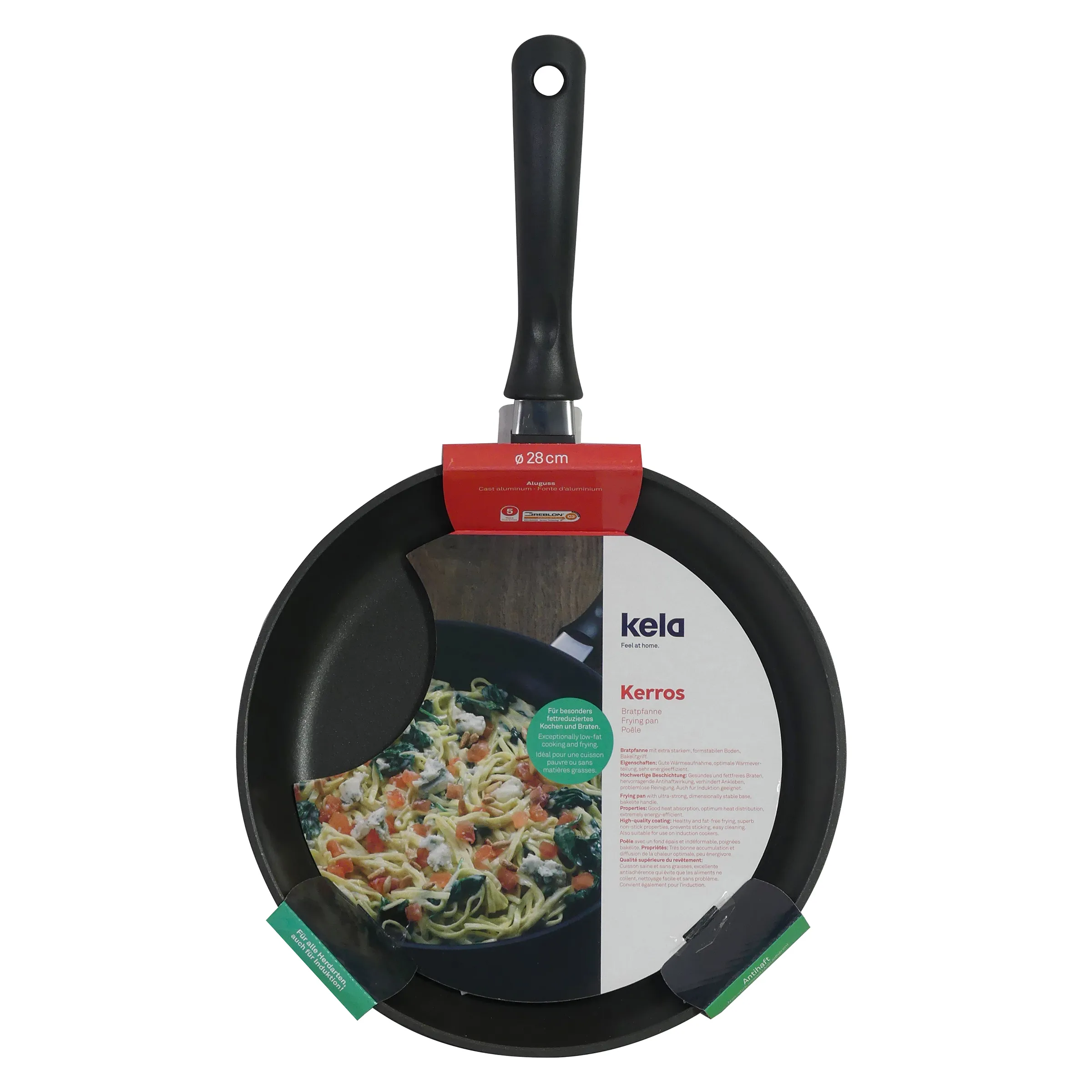 Kela Kerros Bratpfanne 28cm Antihaft-Pfanne mit Griff Kela Kerros Bratpfanne 28cm mit schwarzer Antihaftbeschichtung und ergonomischem Griff, Produktverpackung