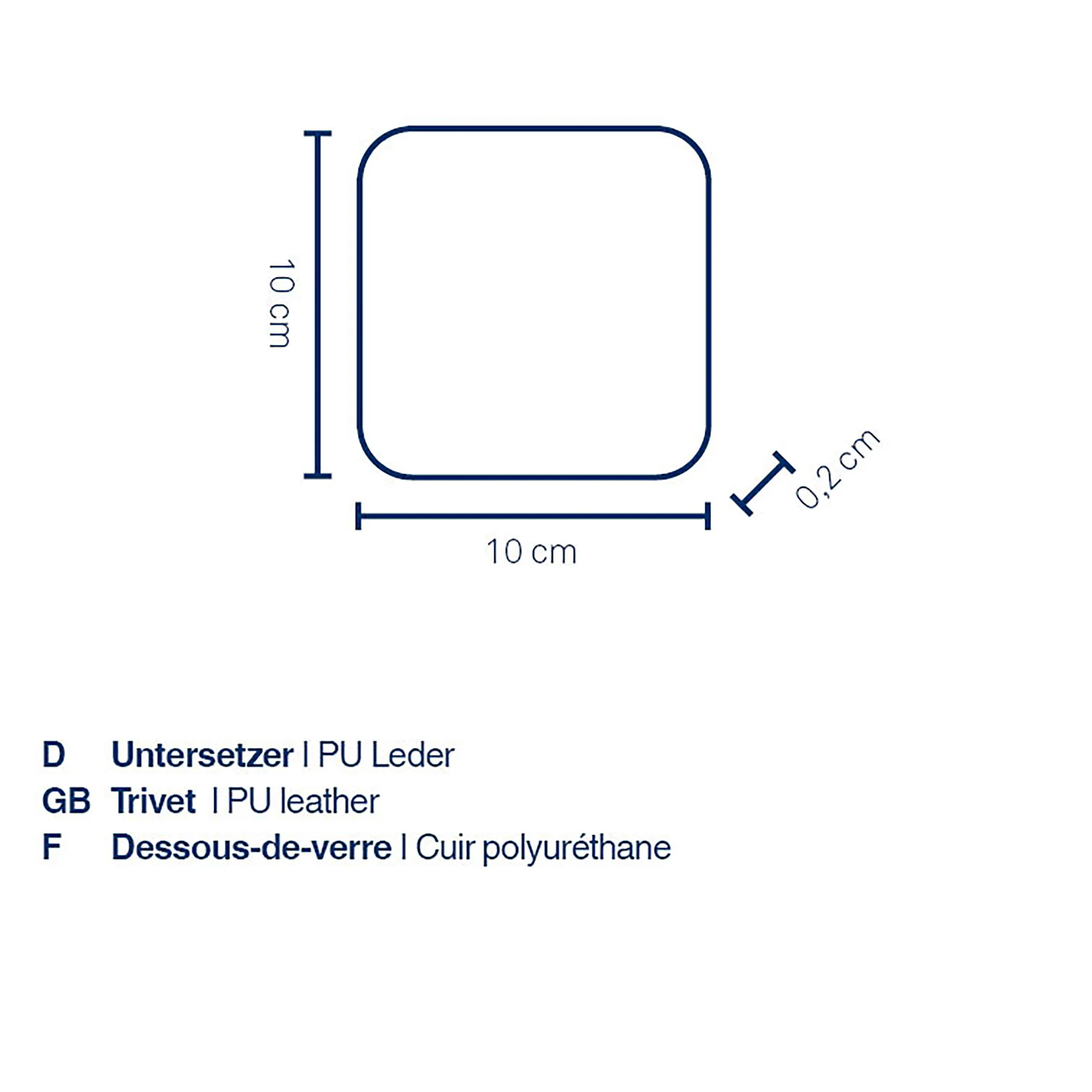 Untersetzer PU-Leder quadratisch 10x10 cm - Technische Maße Technische Zeichnung eines quadratischen Untersetzers aus PU-Leder, 10 cm x 10 cm, 0,2 cm dick