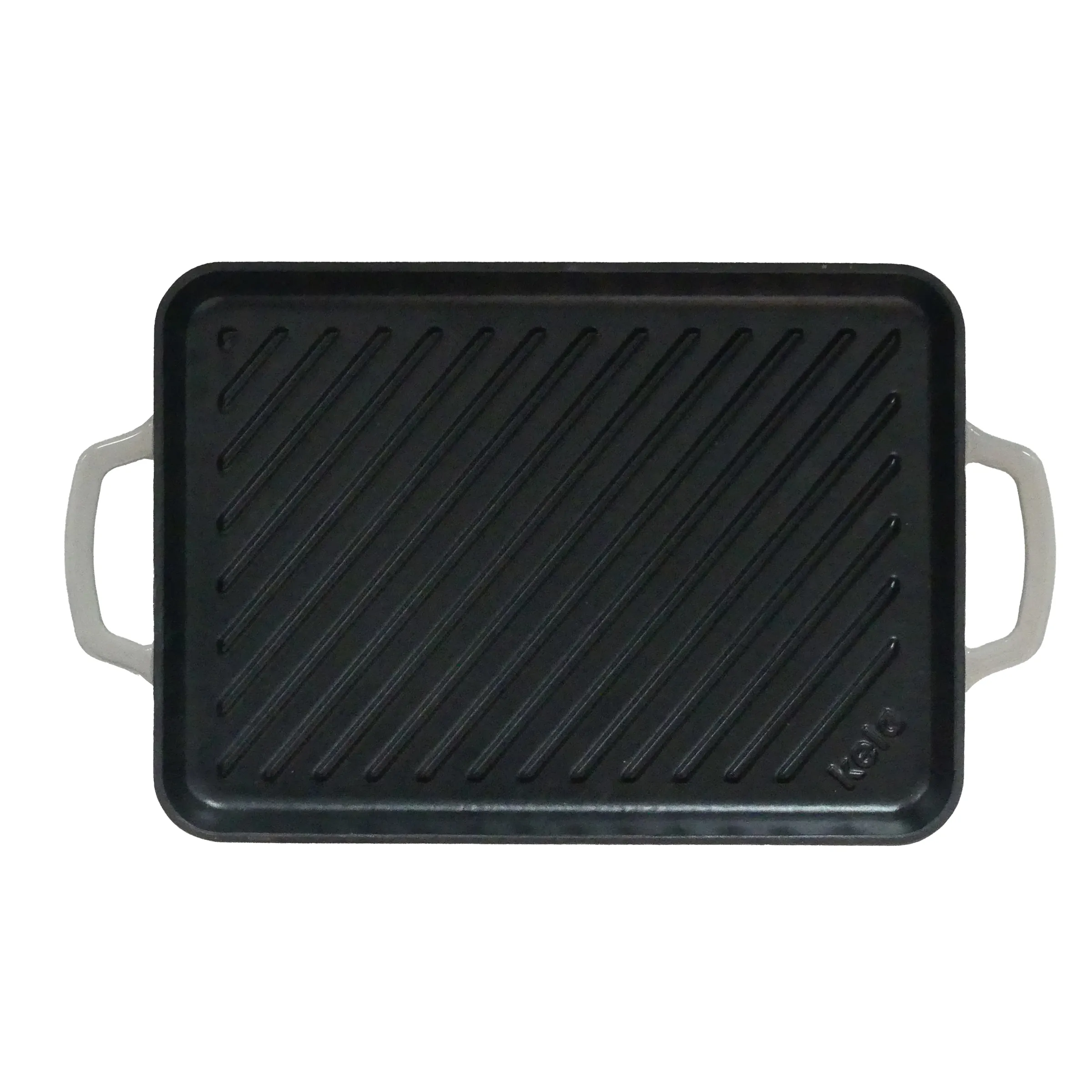 Rechteckige schwarze Grillplatte aus Gusseisen mit diagonalen Rillen und beigen Griffen