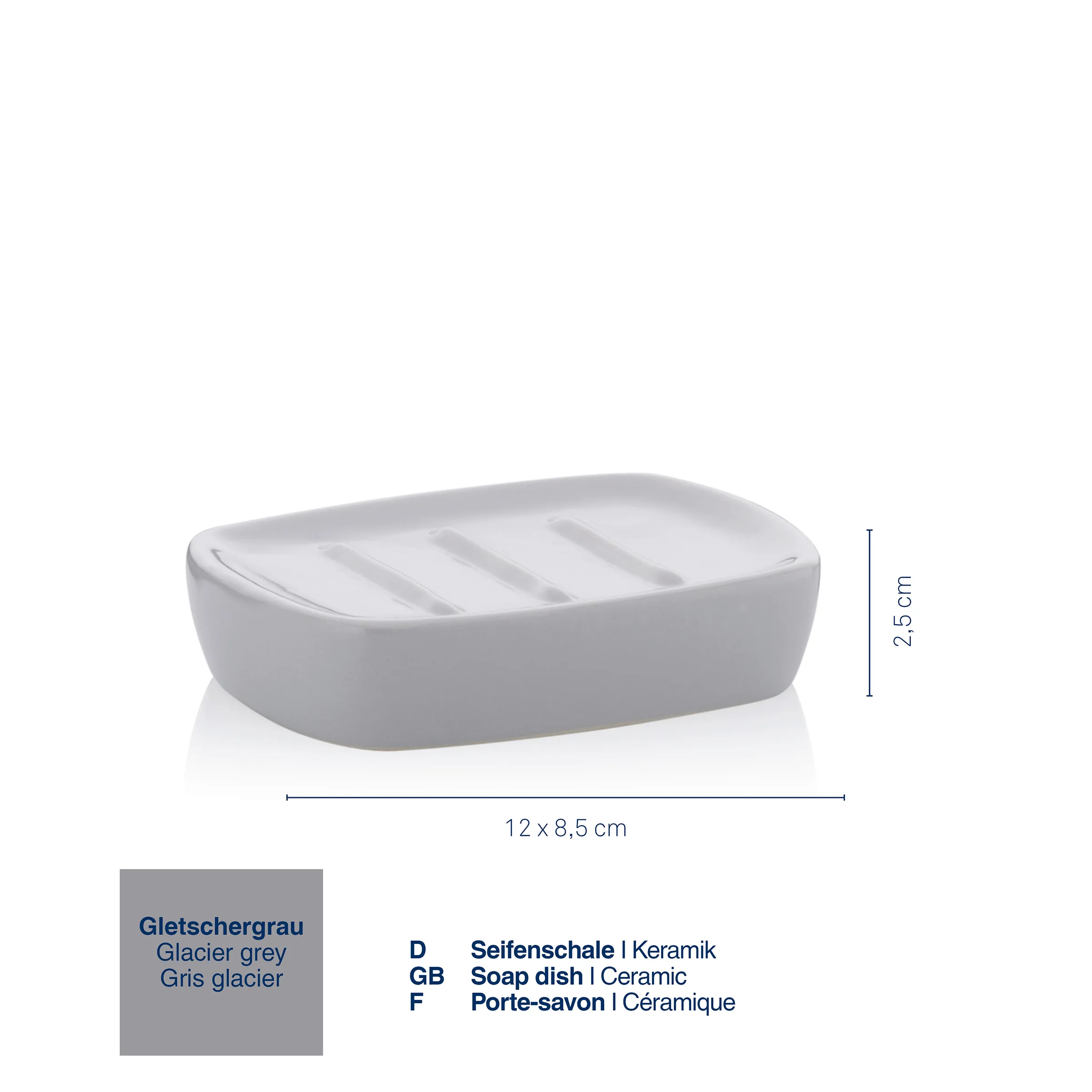 Keramik Seifenschale Gletschergrau - Badezimmer Accessoire mit Ablauf Gletschergraue Keramik-Seifenschale mit Rillen, 12x8,5x2,5 cm, auf weißem Hintergrund mit Maßangaben