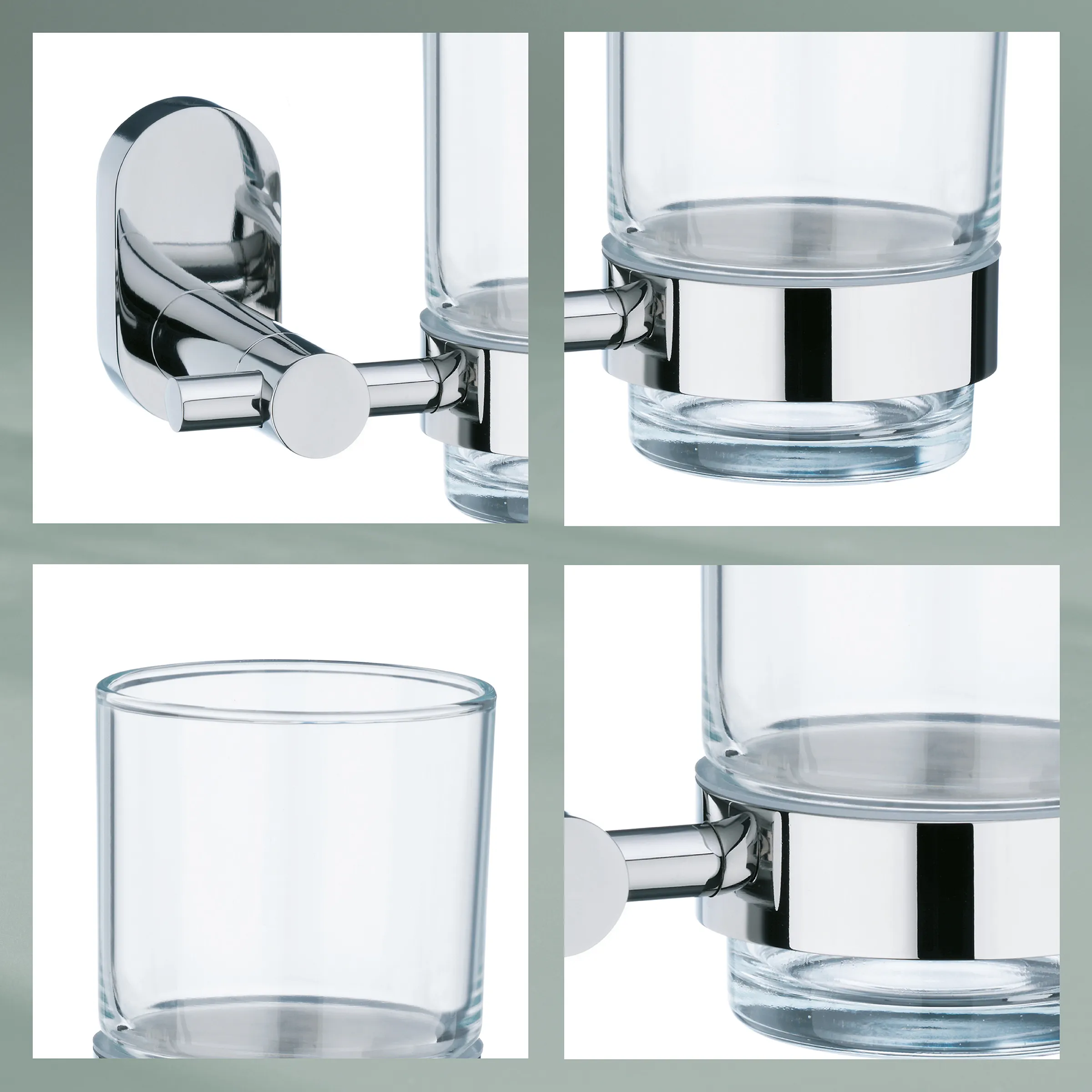 Zahnbürstenhalter Chrom mit Glasbecher - Wandmontage Badezimmer Verchromter Zahnbürstenhalter mit Glasbecher an Wandhalterung, Detailansichten von Halterung und Glas