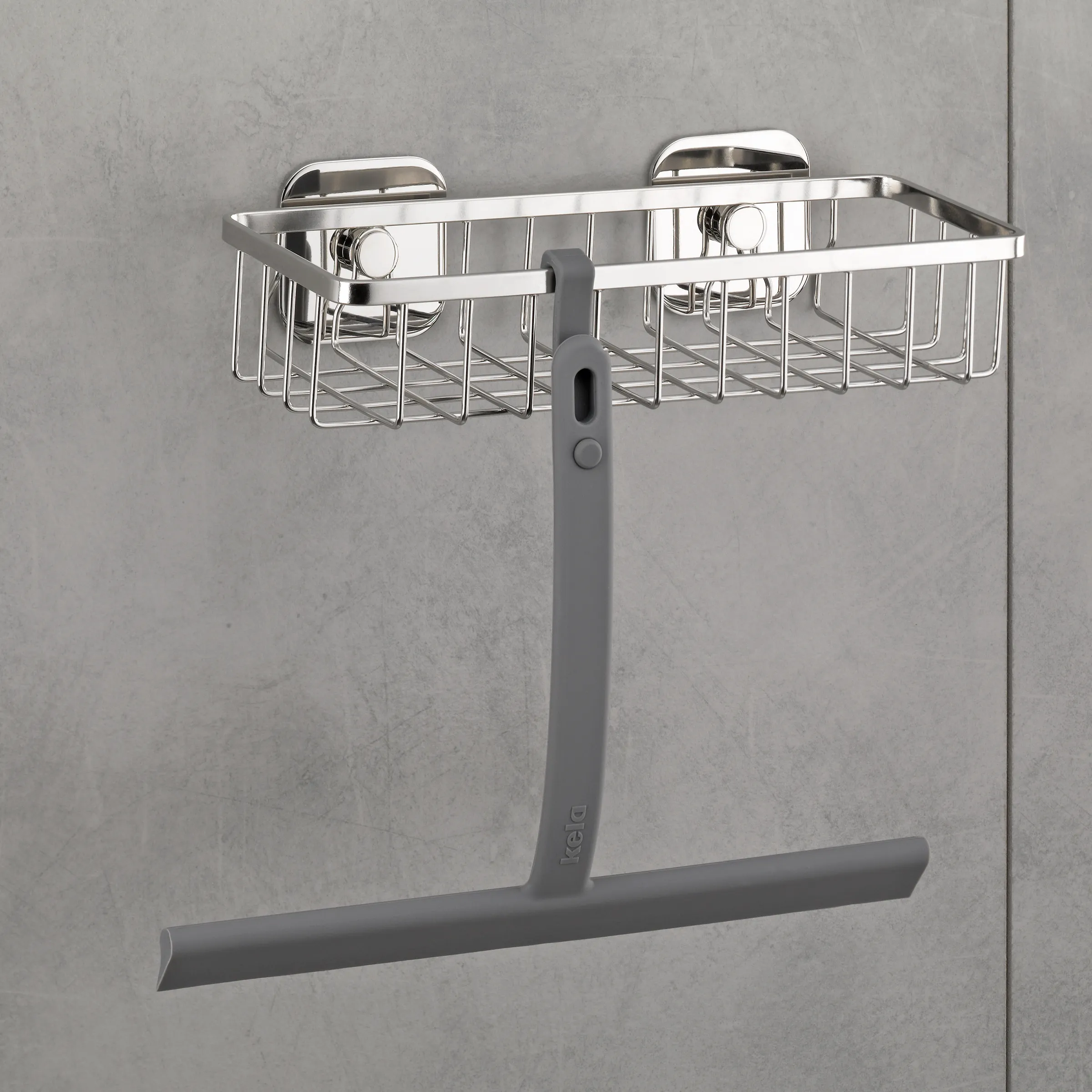 Duschkorb Edelstahl mit Saugnapf - Badezimmer Organizer Edelstahl-Duschkorb mit zwei Ablagen, Saugnapf-Befestigung und grauem Halter an Fliesenwand montiert