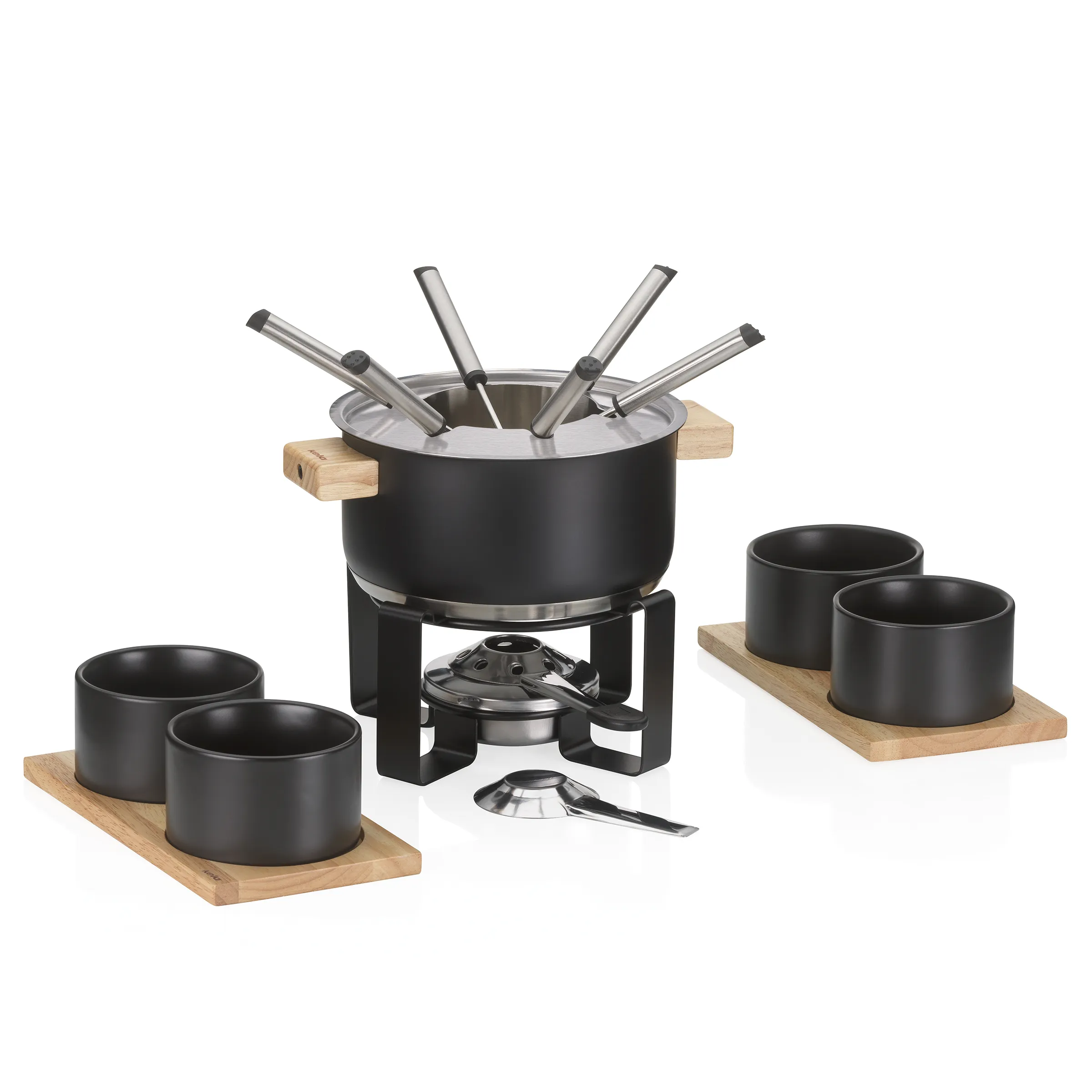 Fondue-Set mit Topf und Gabel - elegantes Fondue-Zubehör Fondue-Set mit schwarzem Topf, Holzgriffen, Metallständer, vier Fondue-Gabel und vier schwarzen Keramikschüsseln auf Holzuntersetzer