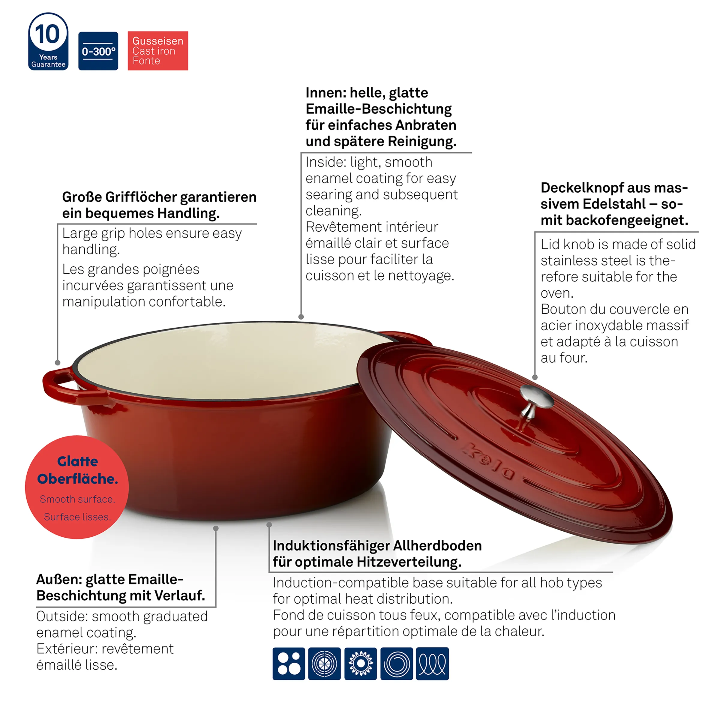 Rote Gusseisen-Bräter mit Deckel, glatte Emaillebeschichtung innen und außen, großen Grifflöchern und Edelstahl-Deckelknopf.