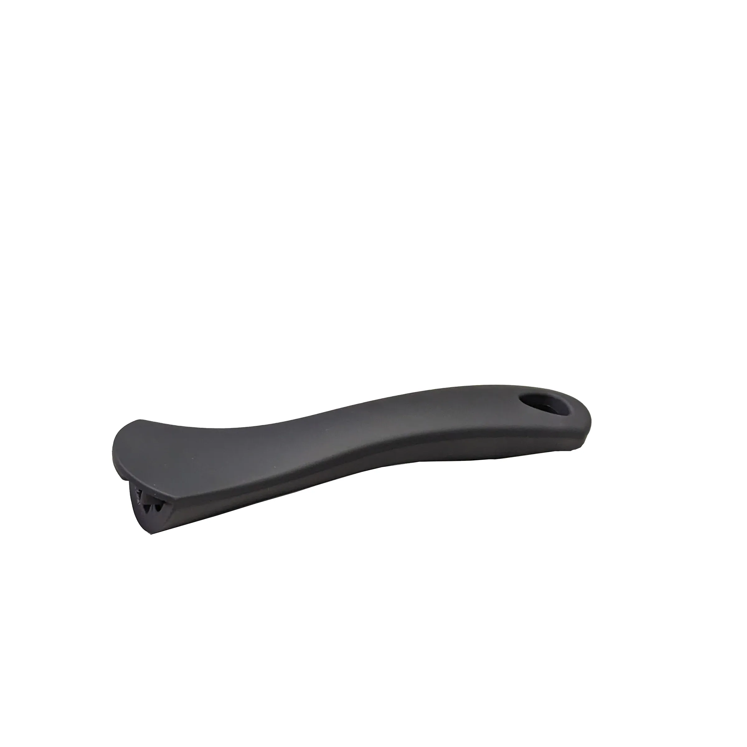 Ergonomischer Schaber mit Griff - Schwarz rutschfest Schwarzer ergonomischer Schaber mit gebogenem Griff und gezahnter Klinge auf weißem Hintergrund