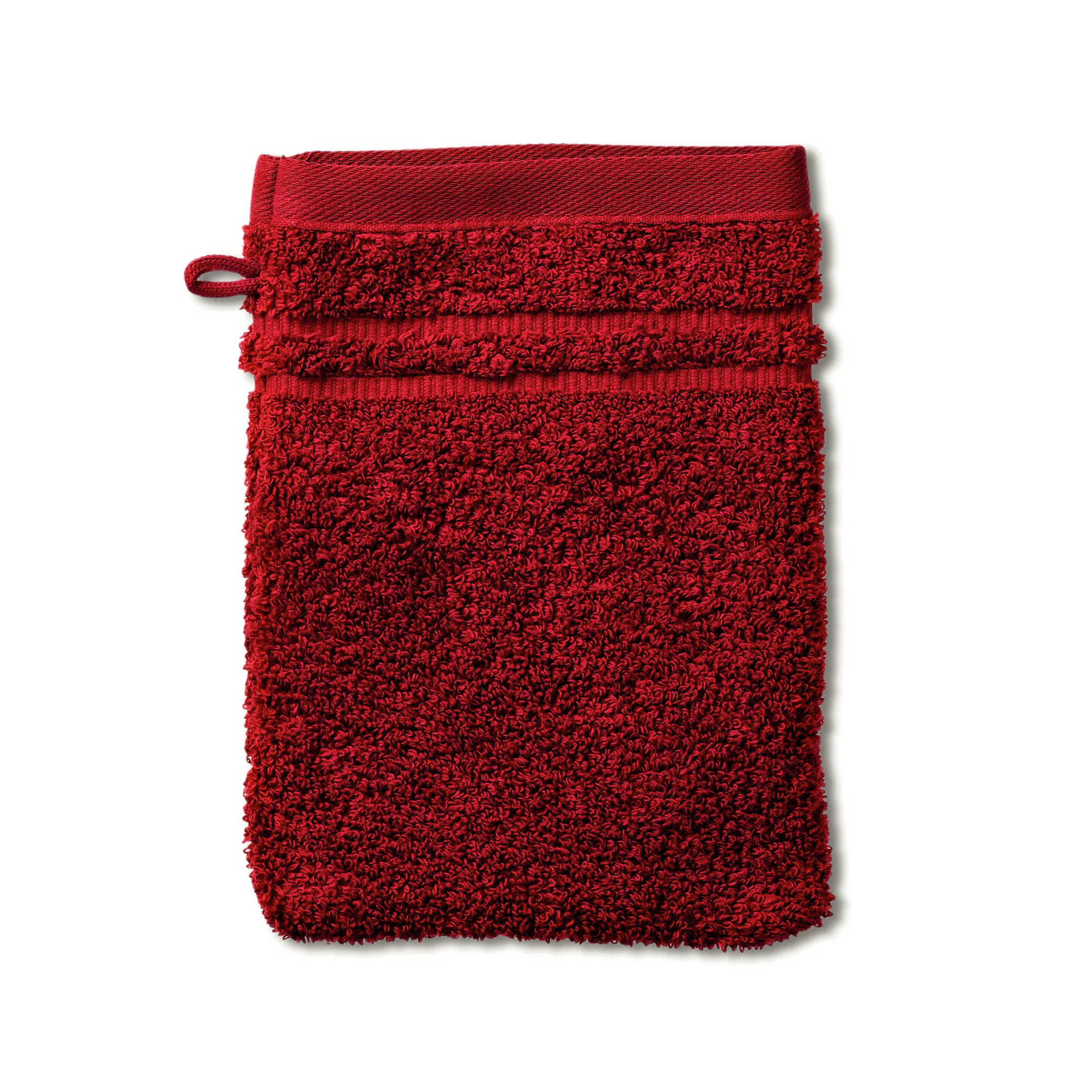 Rote Frottee-Waschlappen mit strukturierter Oberfläche und praktischer Schlaufe zum Aufhängen.