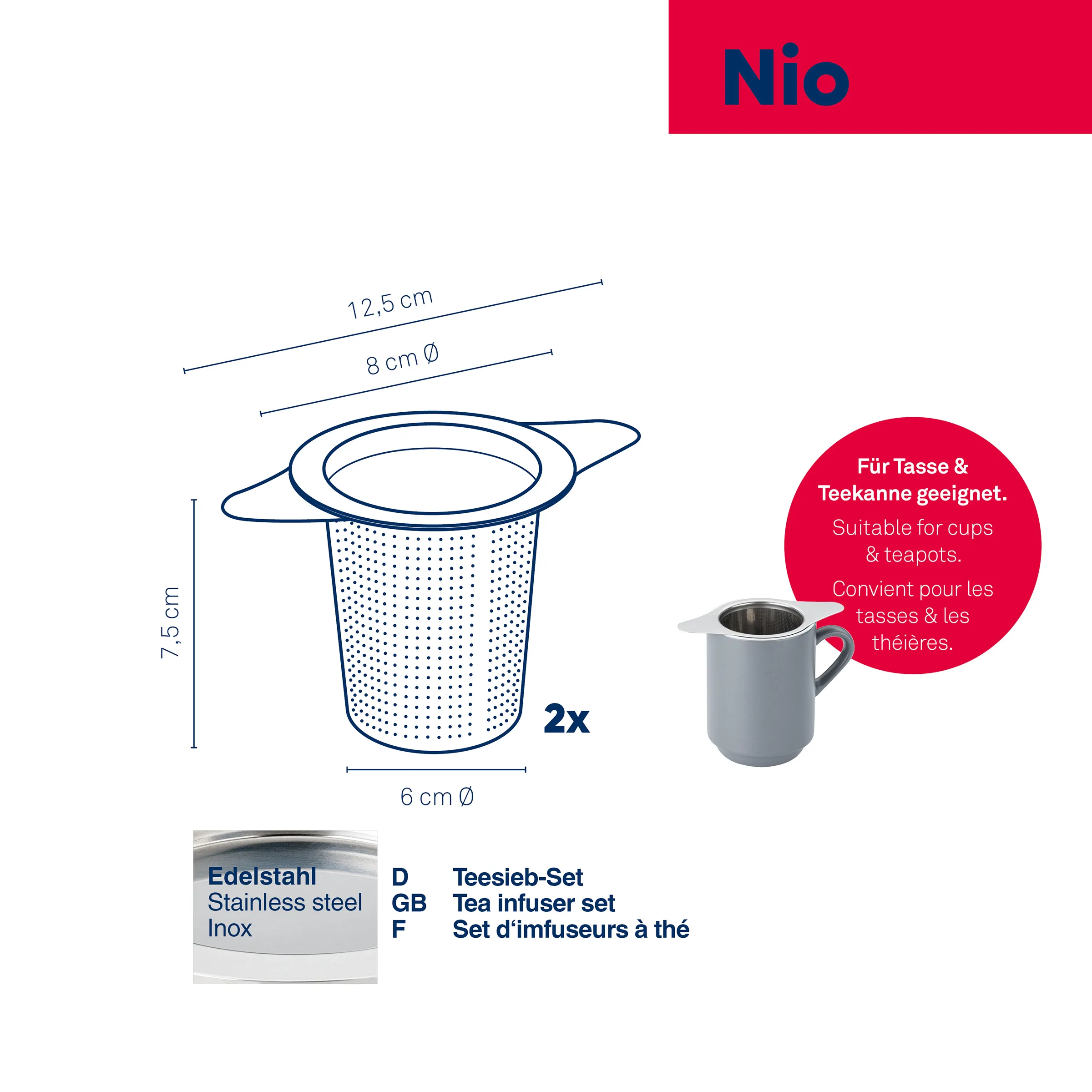 Nio Teesieb-Set aus Edelstahl, 2 Stück, 7,5 cm hoch, 6 cm Durchmesser, geeignet für Tassen und Teekannen