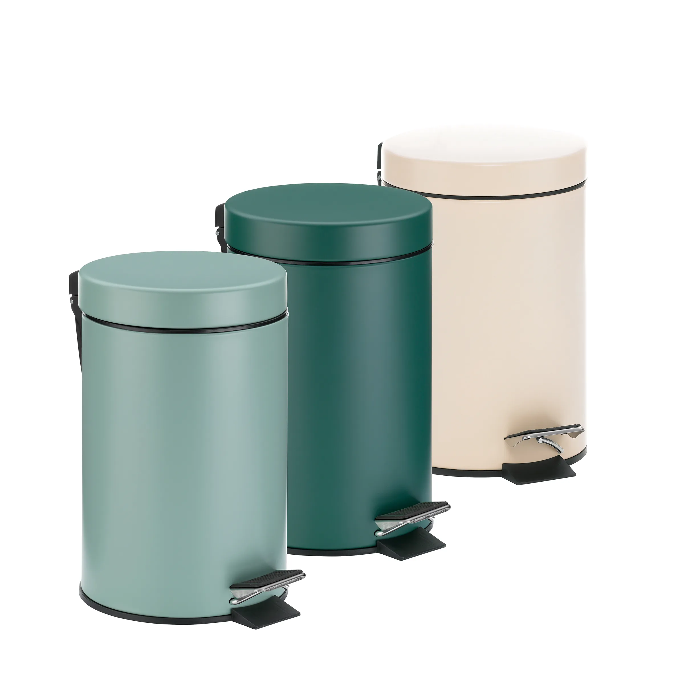Mülleimer Pedal - Abfalleimer in 3 Farben Drei Mülleimer mit Pedal in Pastellfarben: hellblau, dunkelgrün und beige mit schwarzen Griffen