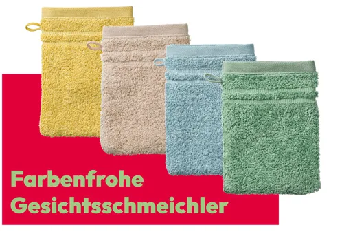 Farbenfrohe Gesichtsschmeichler: Stapel von Waschlappen in Rot, Gelb, Beige, Blau und Grün