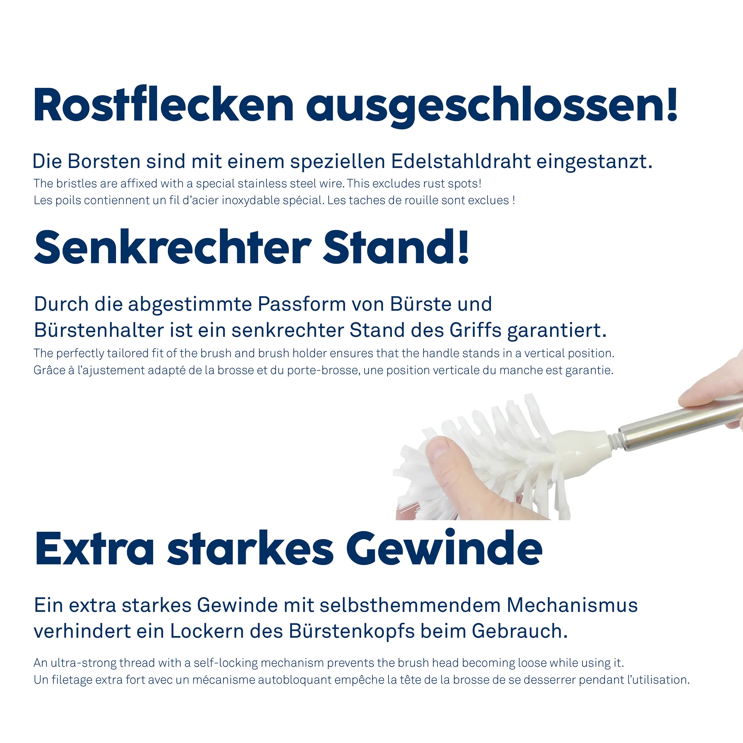 Zahnbürste Rostfrei mit Senkrechtstütze und Gewinde Zahnbürste mit Edelstahldraht und Senkrechtstütze, Hand hält Bürste mit Gewinde-Sperrmechanismus