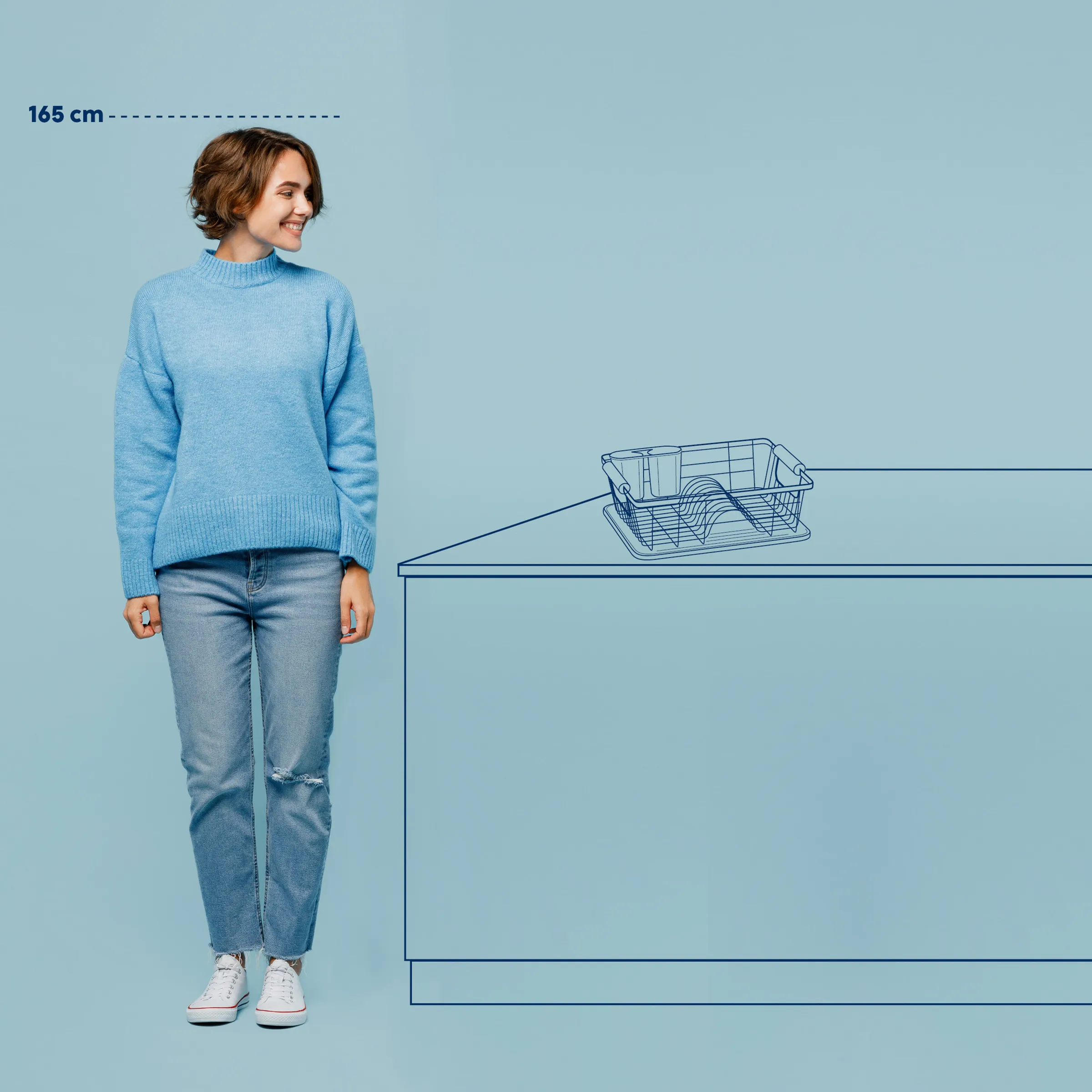 Spüldose Größenvergleich - Kompakte Geschirrspülkörbe Frau mit braunem Haar in blauem Pullover und Jeans steht neben einer Spüldose, Höhe 165 cm