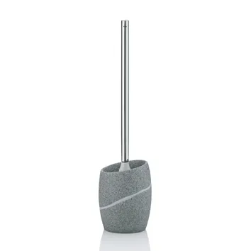 Graue Toilettenbürste mit Metallstab und modernem Design, Behälter mit dekorativer Streifen-Verzierung
