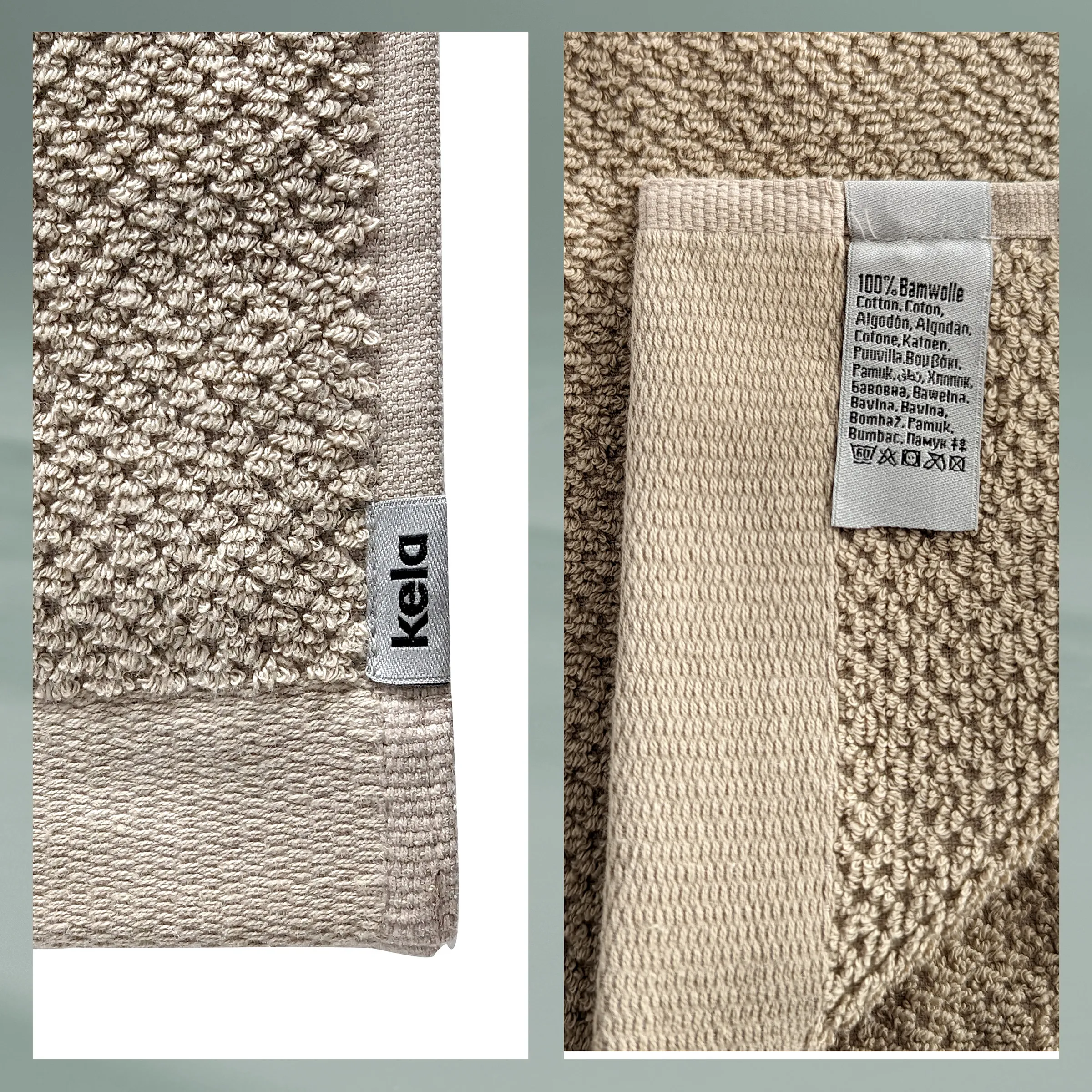 Beige Bambus-Baumwoll-Handtuch mit Keri-Logo und Pflegeetikett mit Waschanleitung und Materialangaben.
